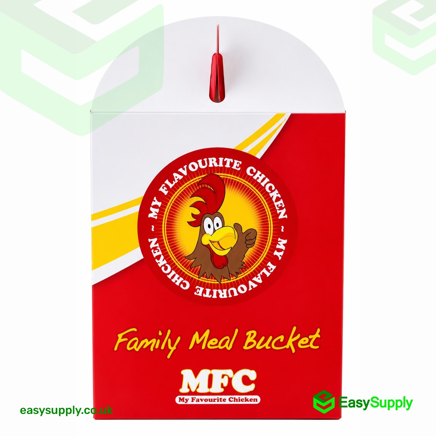 Side panel of the MFC FC4 chicken bucket with the My Favourite Chicken badge and Family Meal Bucket print