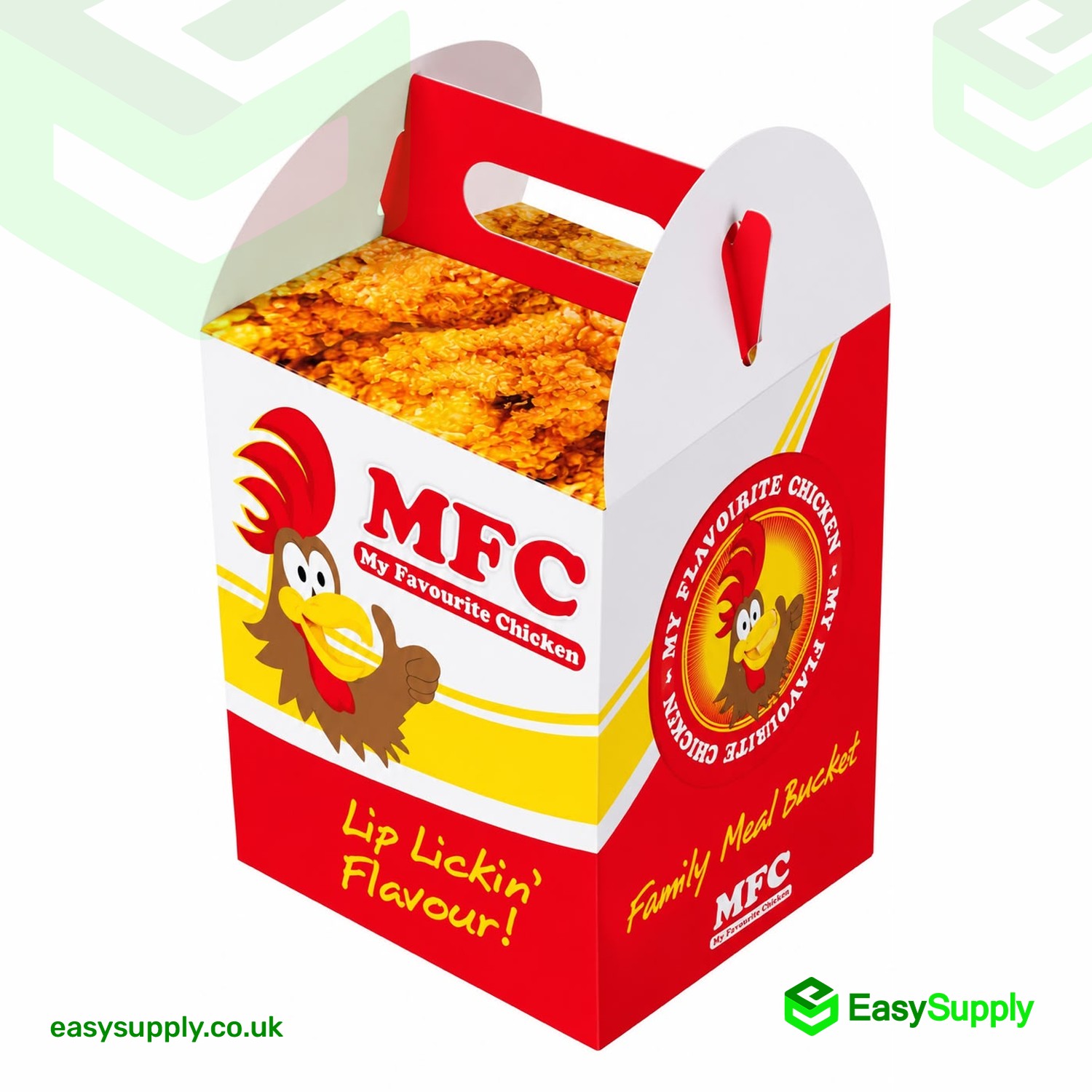 MFC FC4 chicken bucket angled view showing the carry handle and the fried chicken print on the top panels