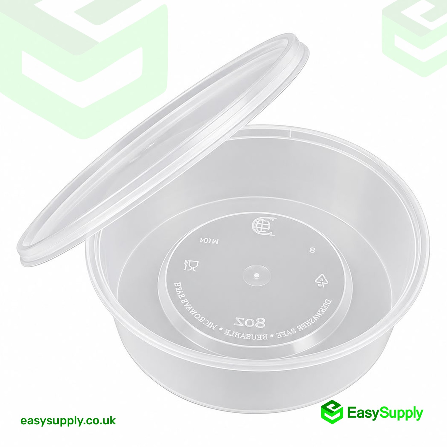 8 oz 225ml round clear microwaveable container with the lid lifted off, angled view
