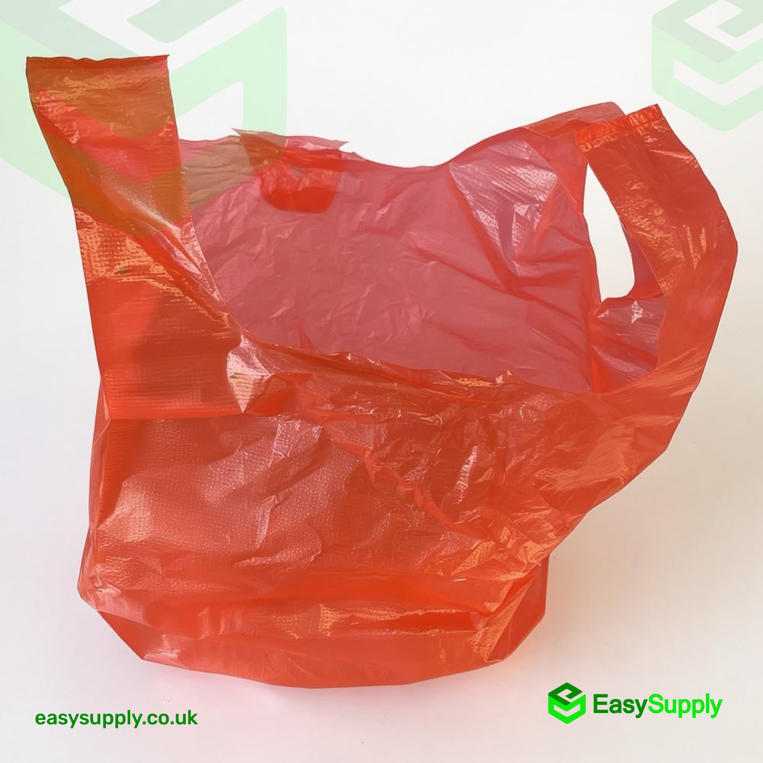 Red S4 vest carrier bag held open showing the wide gusset and vest handles