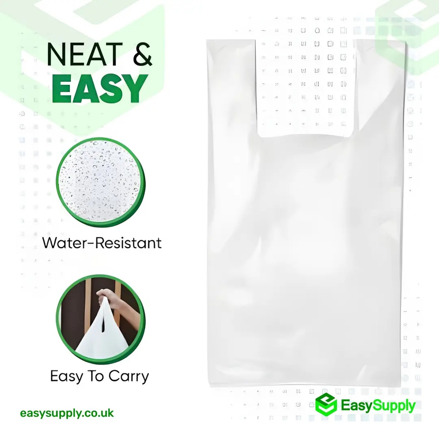 Jumbo white vest carrier bag features - water-resistant film and easy to carry vest handles