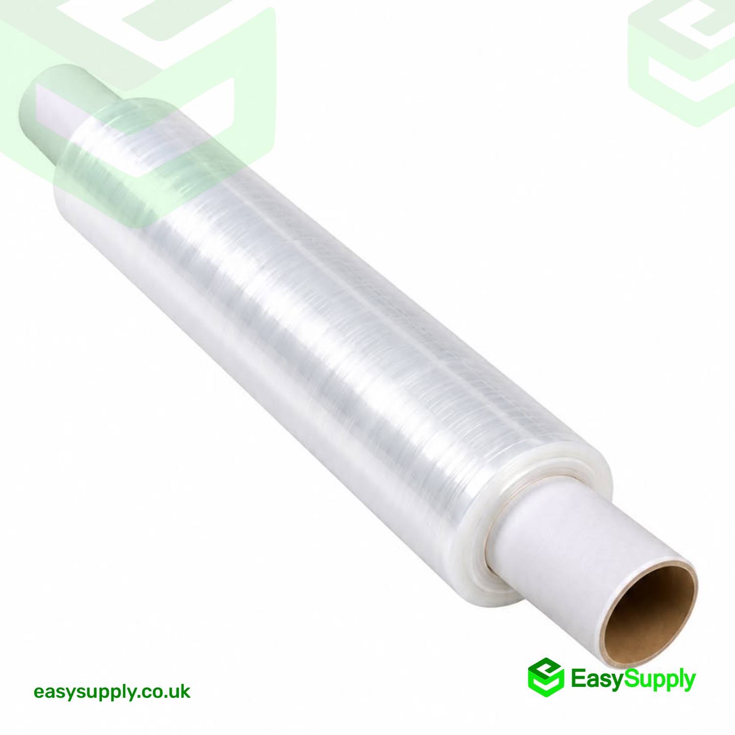Clear sticky pallet wrap roll at an angle, showing the open end of the cardboard core