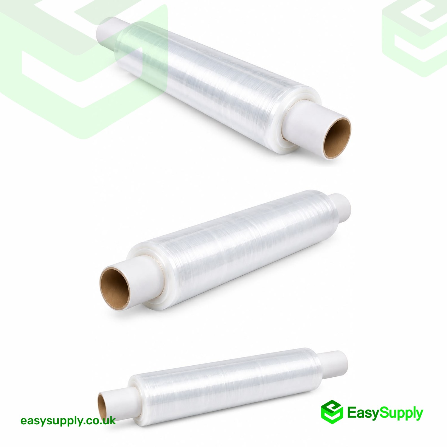 Three views of the clear 400mm pallet wrap roll with its extended cardboard core