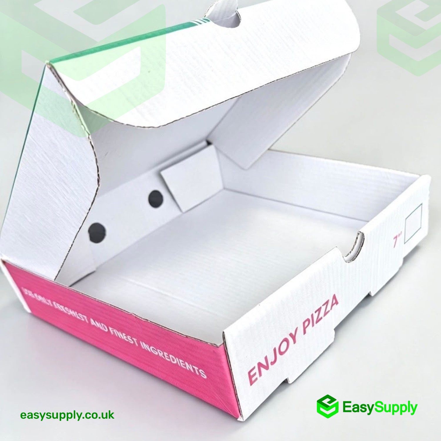 Open white pizza box interior with Enjoy Pizza side print
