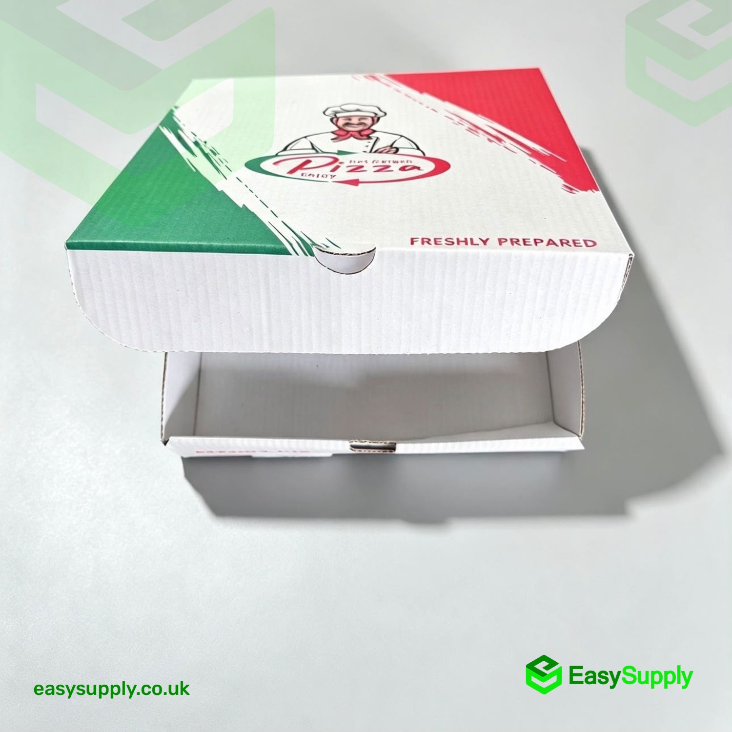 Italian print pizza box closed, top view of the chef and flag design