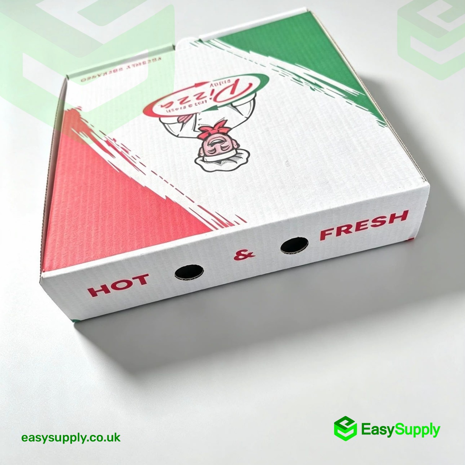 Italian print pizza box showing the Hot and Fresh side print