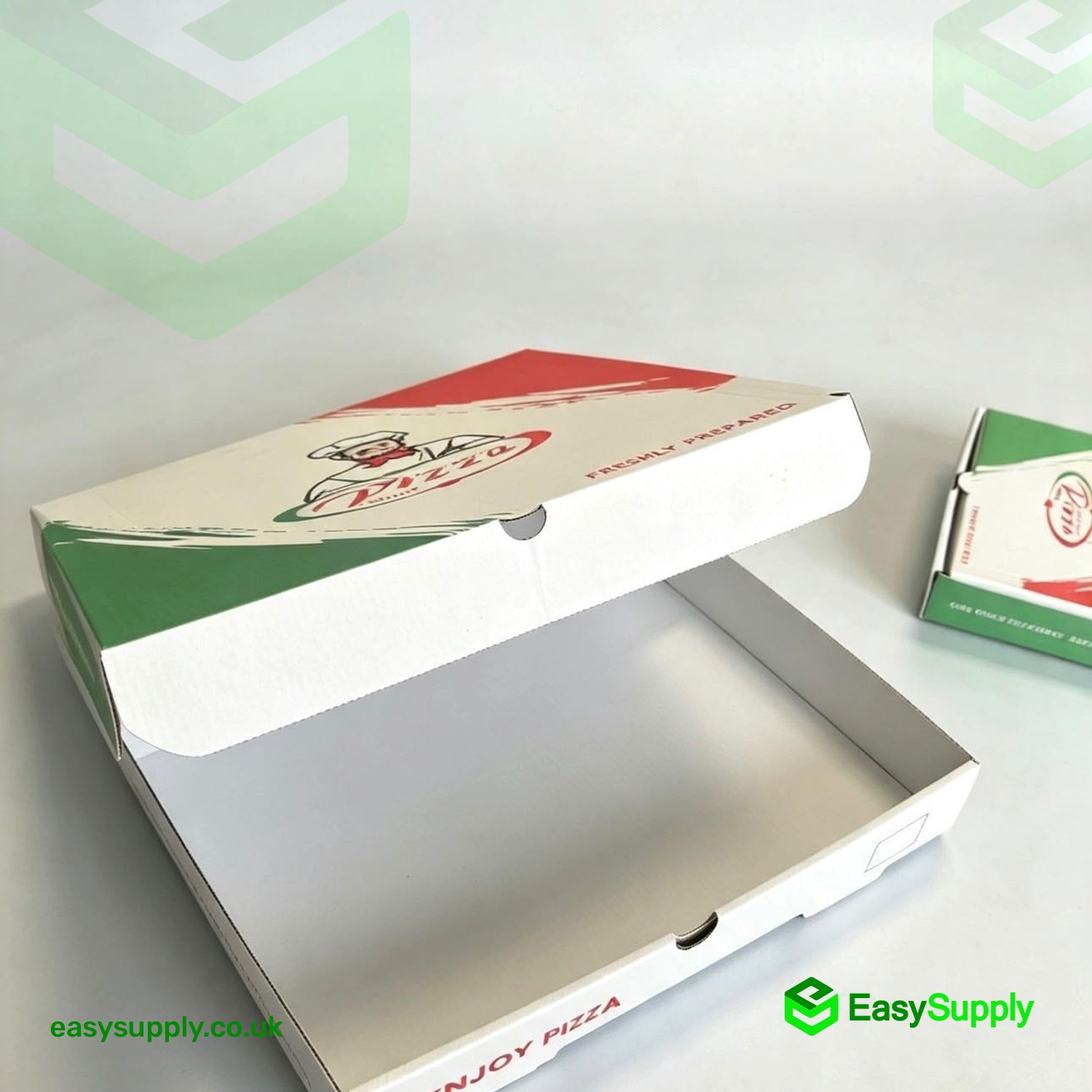 Open 13 inch white pizza box interior with Enjoy Pizza side print