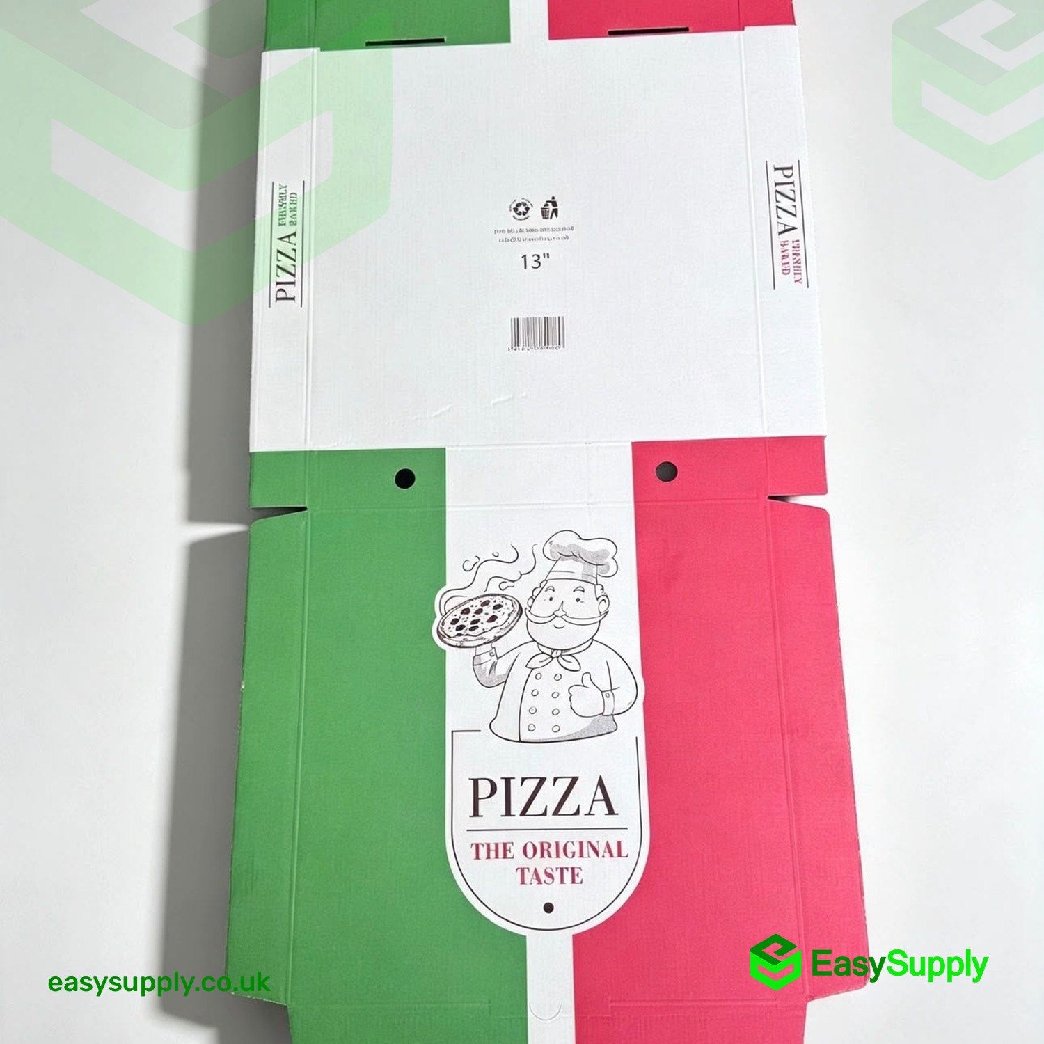 Flat unfolded 13 inch Original Taste pizza box with barcode panel