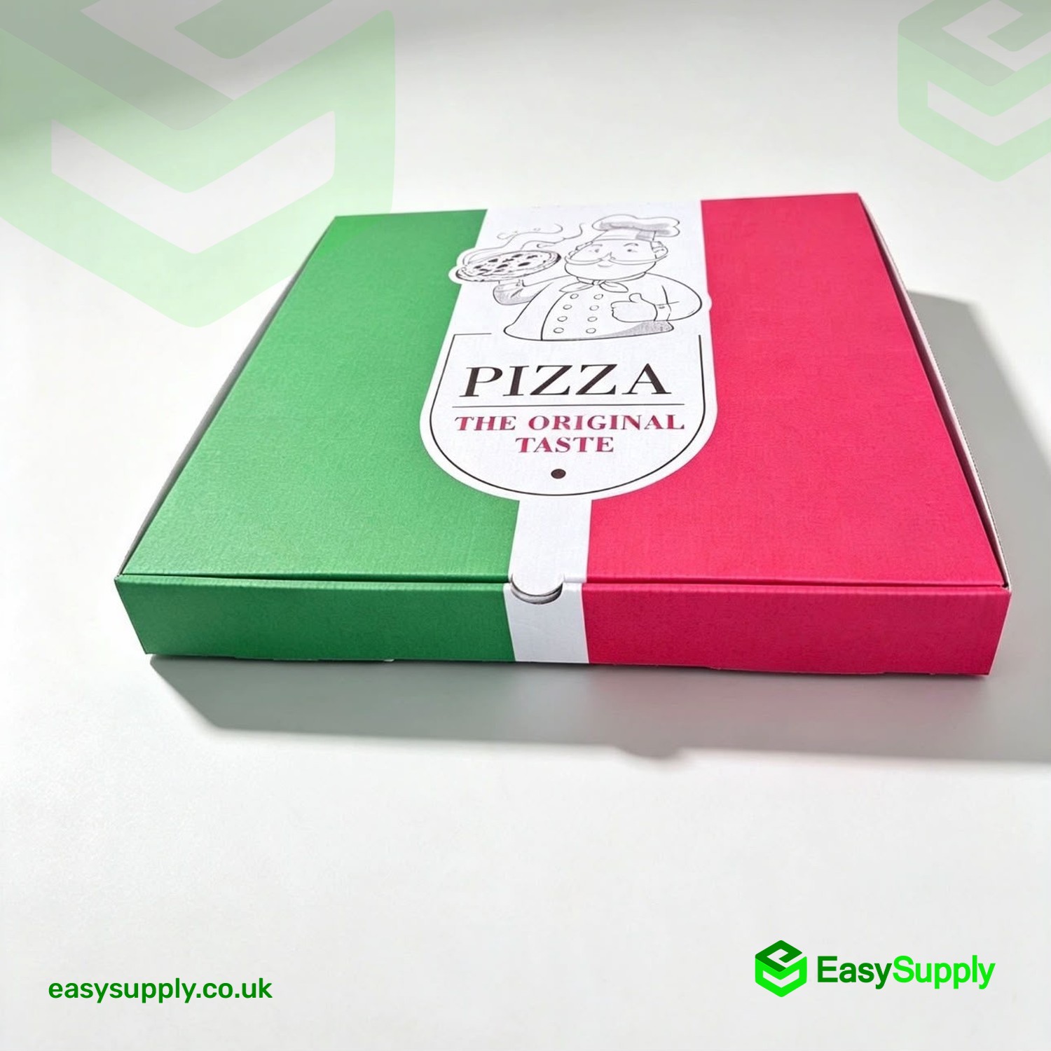 13 inch Original Taste Italian pizza box closed at an angle