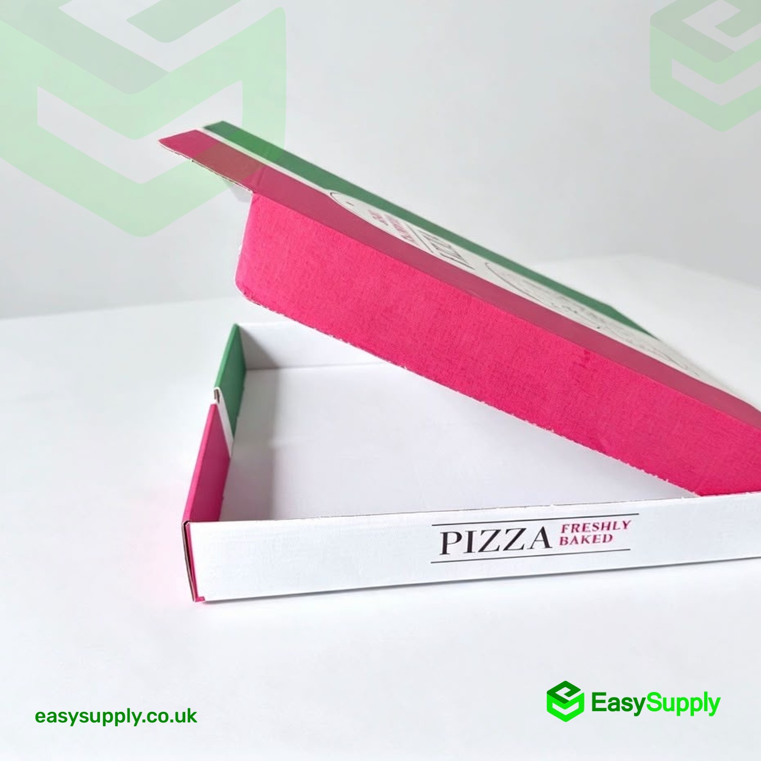Open empty 13 inch Original Taste pizza box side view