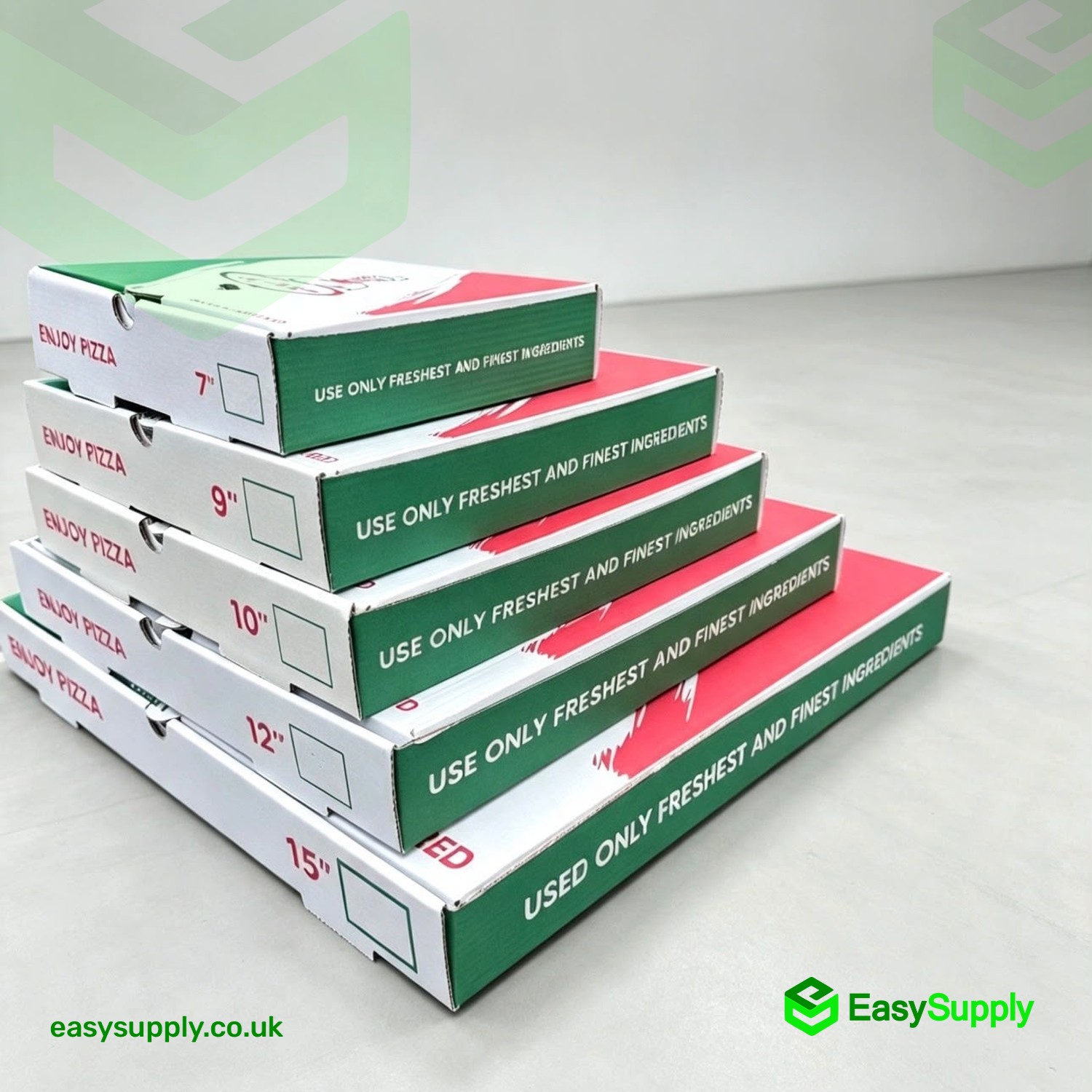 15 inch Italian print pizza box stack with green side band
