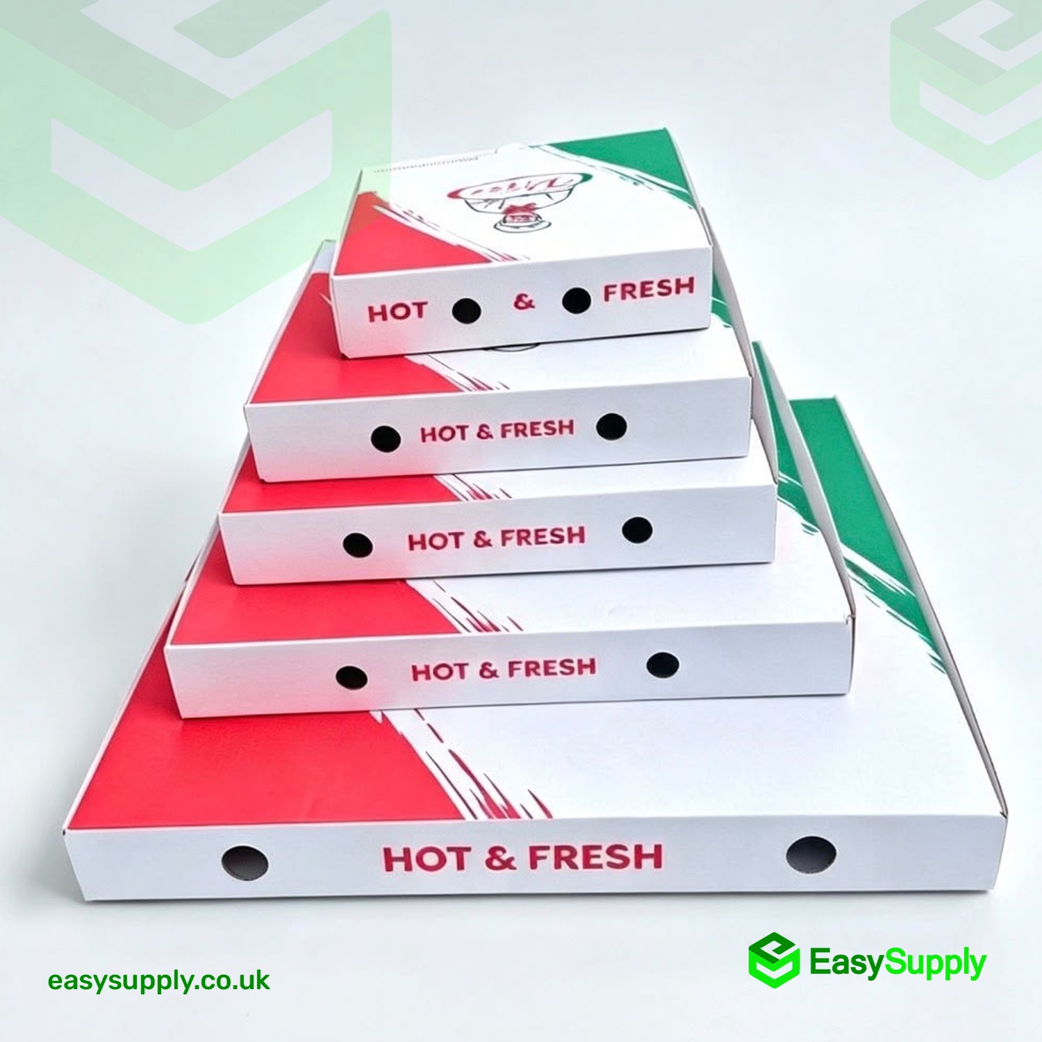 15 inch Italian print pizza boxes showing Hot and Fresh side print
