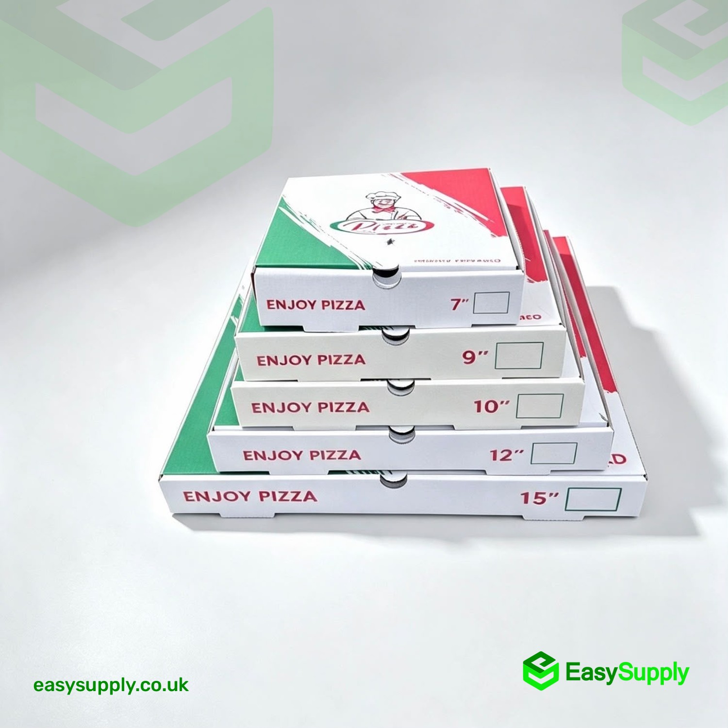 Italian print pizza boxes stacked in a pyramid with size labels