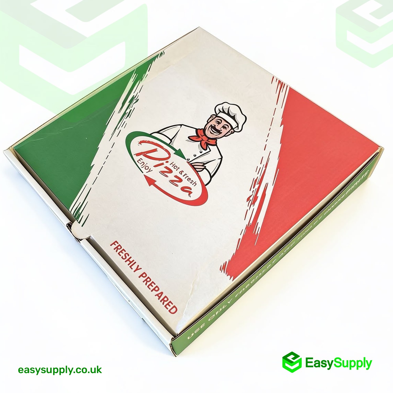 9 inch Italian print pizza box shown closed at an angle with the chef logo on the lid