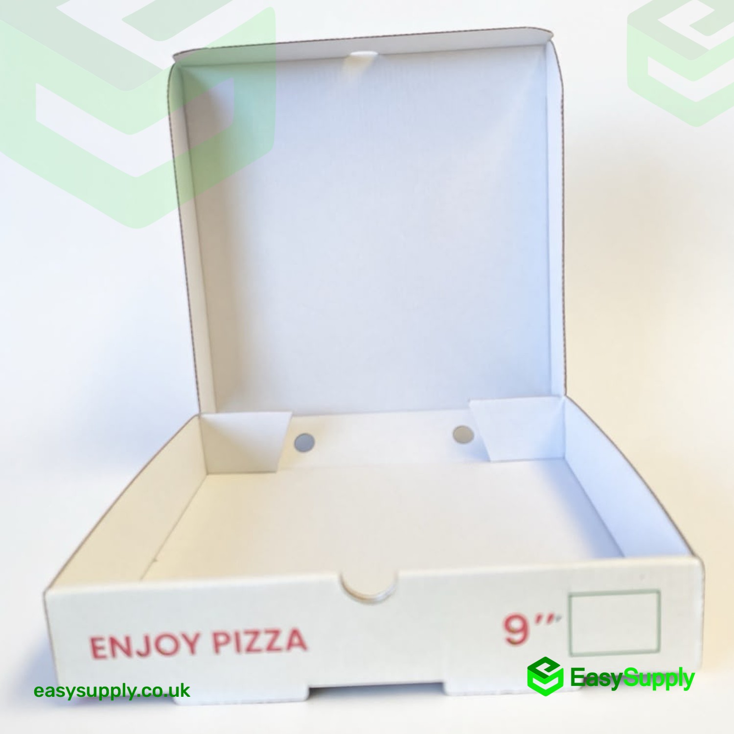 Open 9 inch white pizza box showing the clean white interior and ENJOY PIZZA front panel