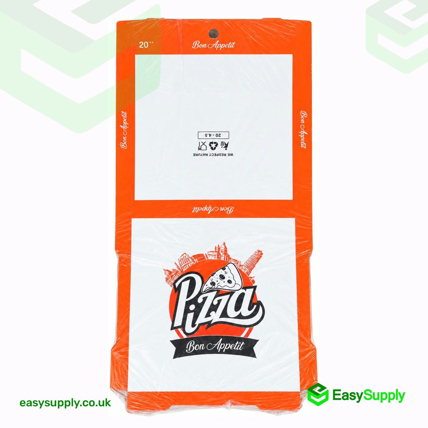 20 inch Bon Appetit pizza box pack laid flat showing the printed lid and the base panel
