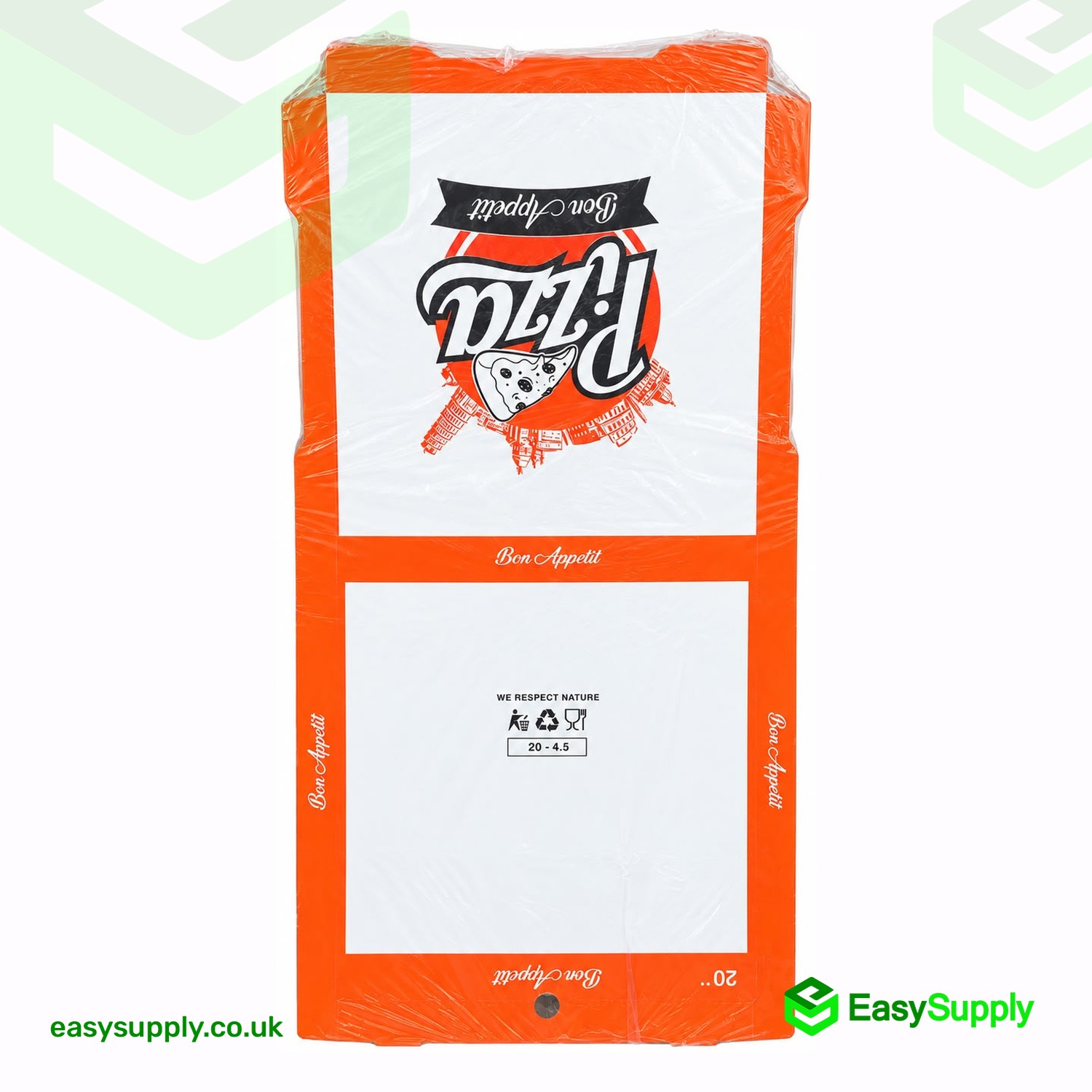 Shrink-wrapped pack of 20 inch white and orange pizza boxes seen from the other end