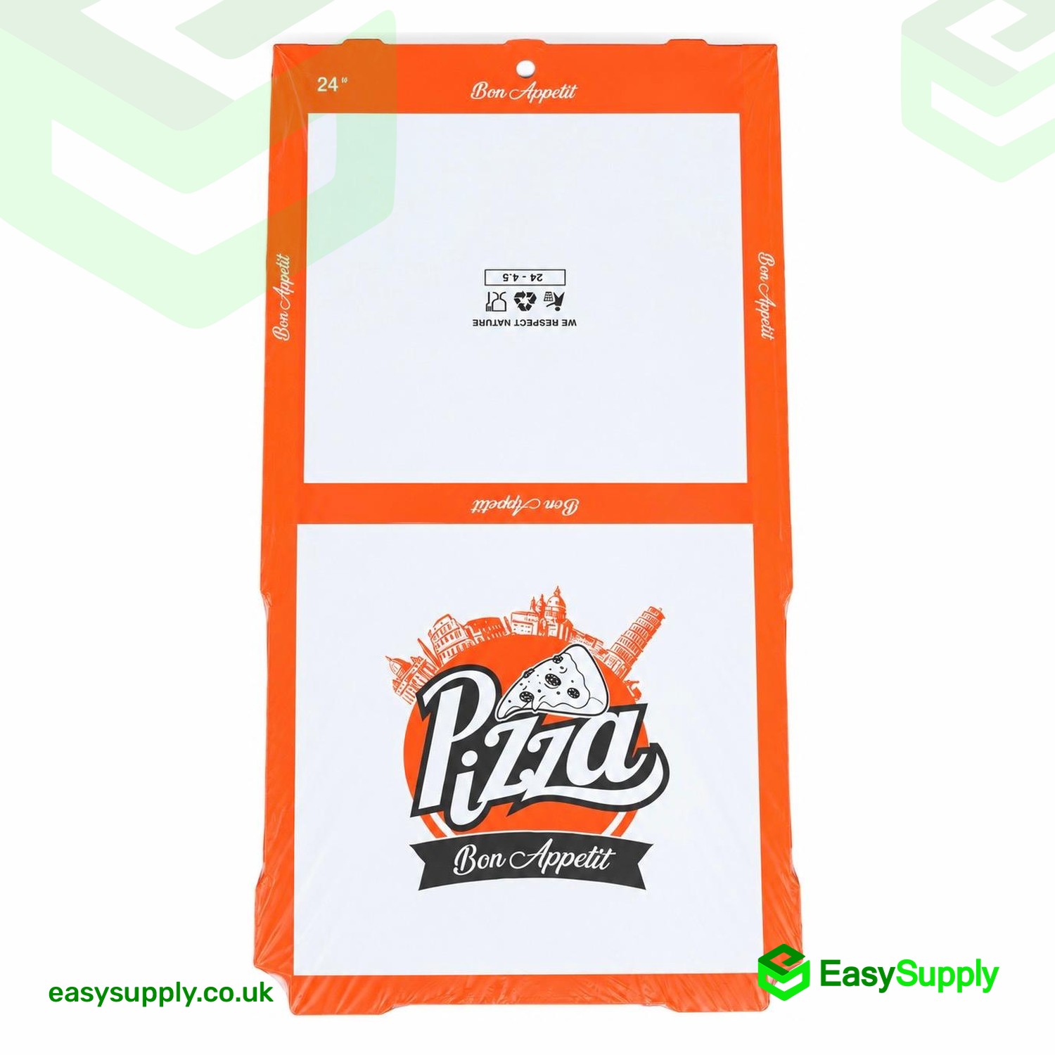 24 inch Bon Appetit pizza box pack laid flat showing the printed lid and the base panel