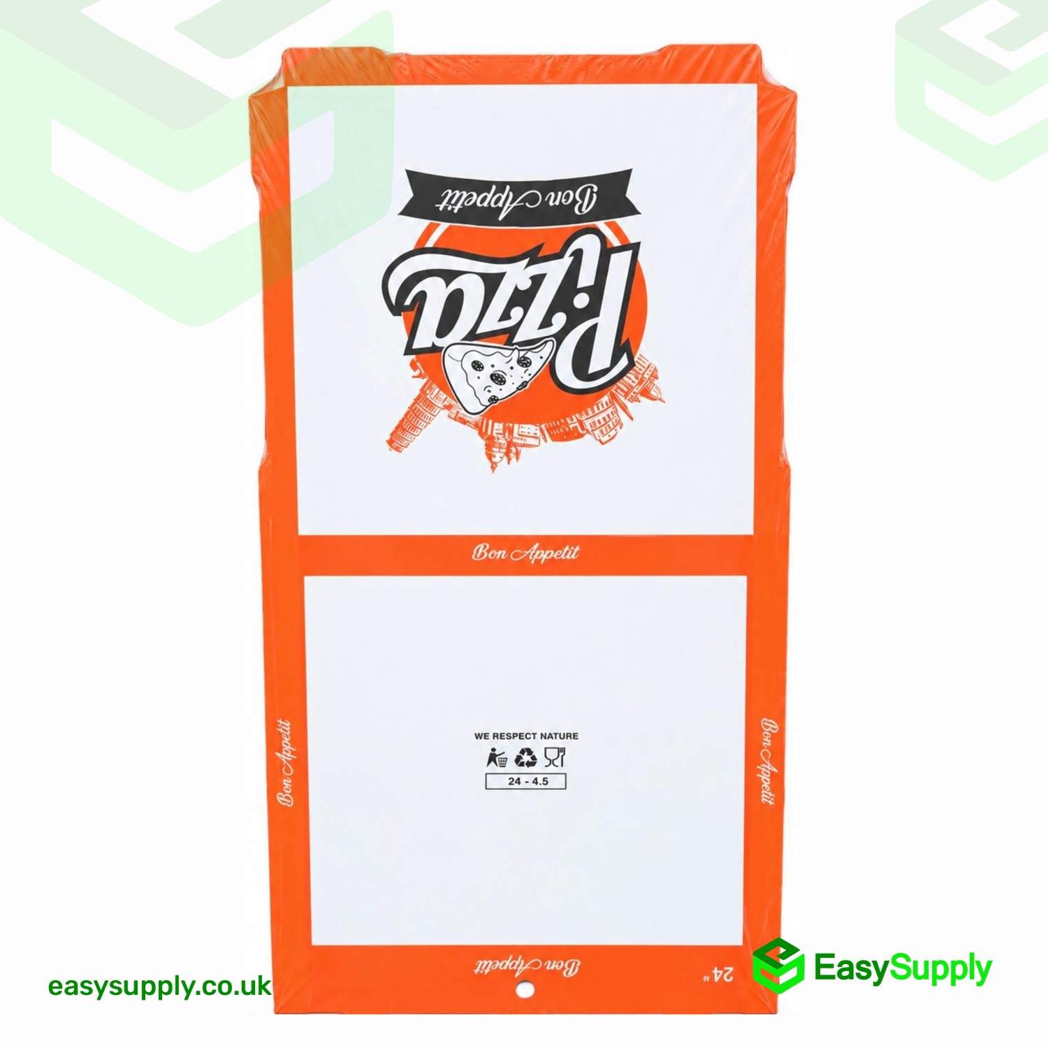 Shrink-wrapped pack of 24 inch white and orange pizza boxes seen from the other end