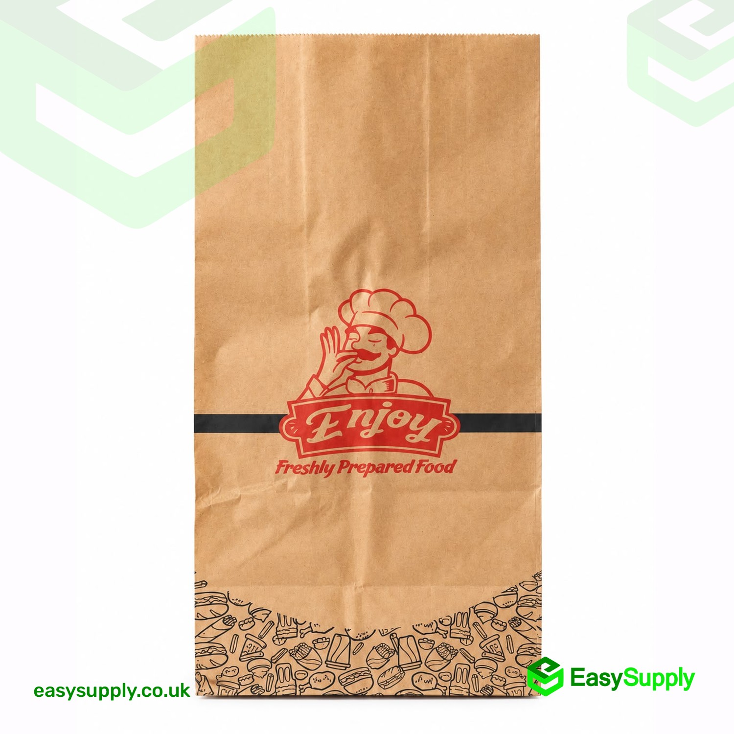 R12 brown takeaway bag front with the red Enjoy - Freshly Prepared Food chef print
