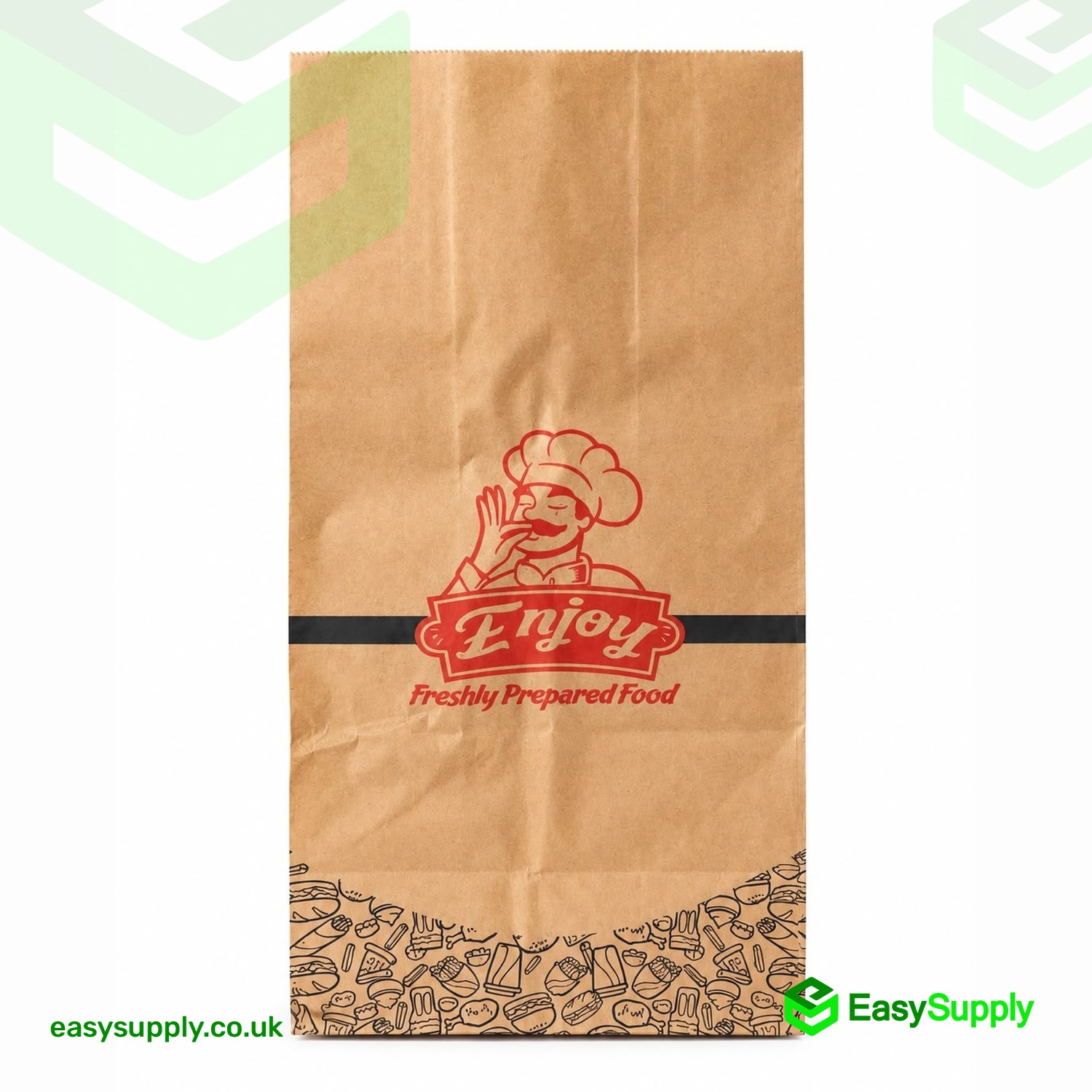 R8 brown kraft takeaway bag front with chef print and food-doodle pattern