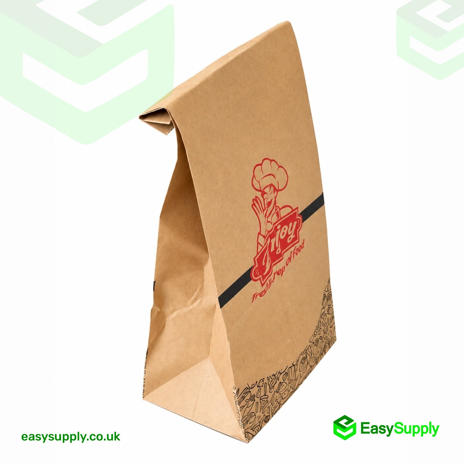 R8 brown kraft SOS takeaway bag folded closed, angled view