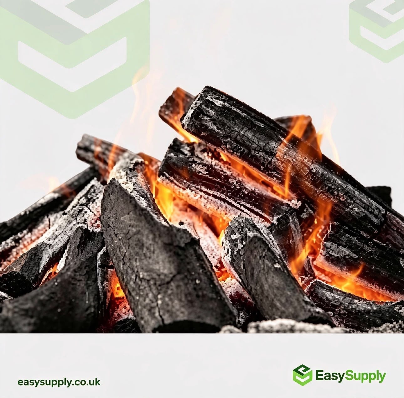 Lumpwood charcoal burning with flames