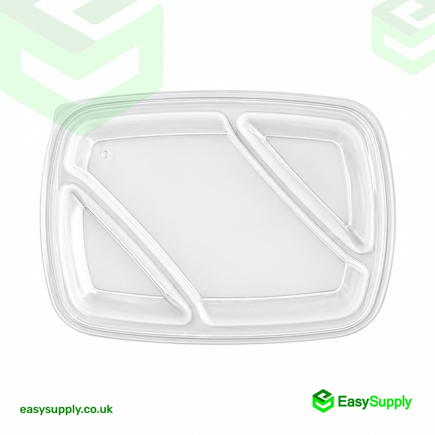 Top view of the clear Sabert lid showing the three compartment divider ribs
