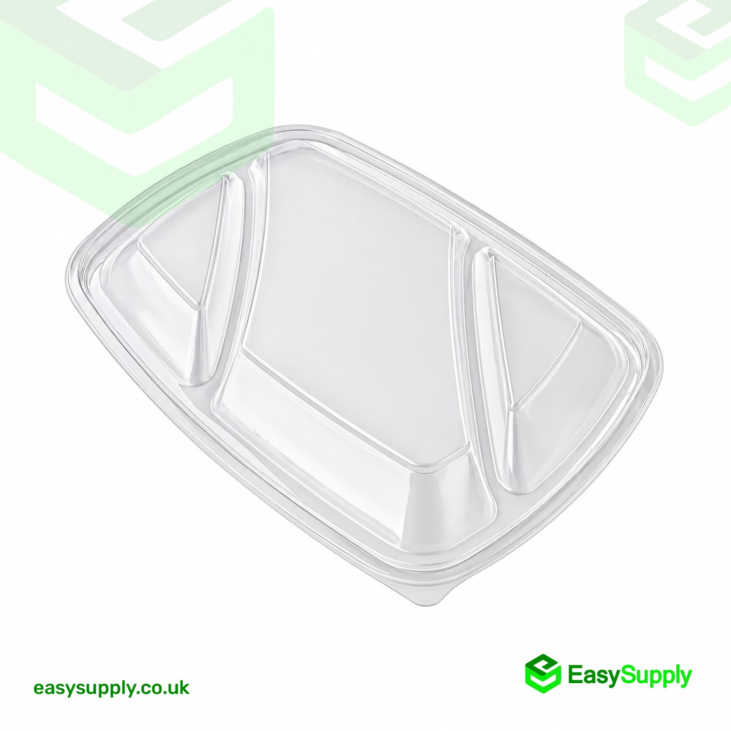 Angled view of the clear PP lid for 3 compartment Sabert rectangular containers