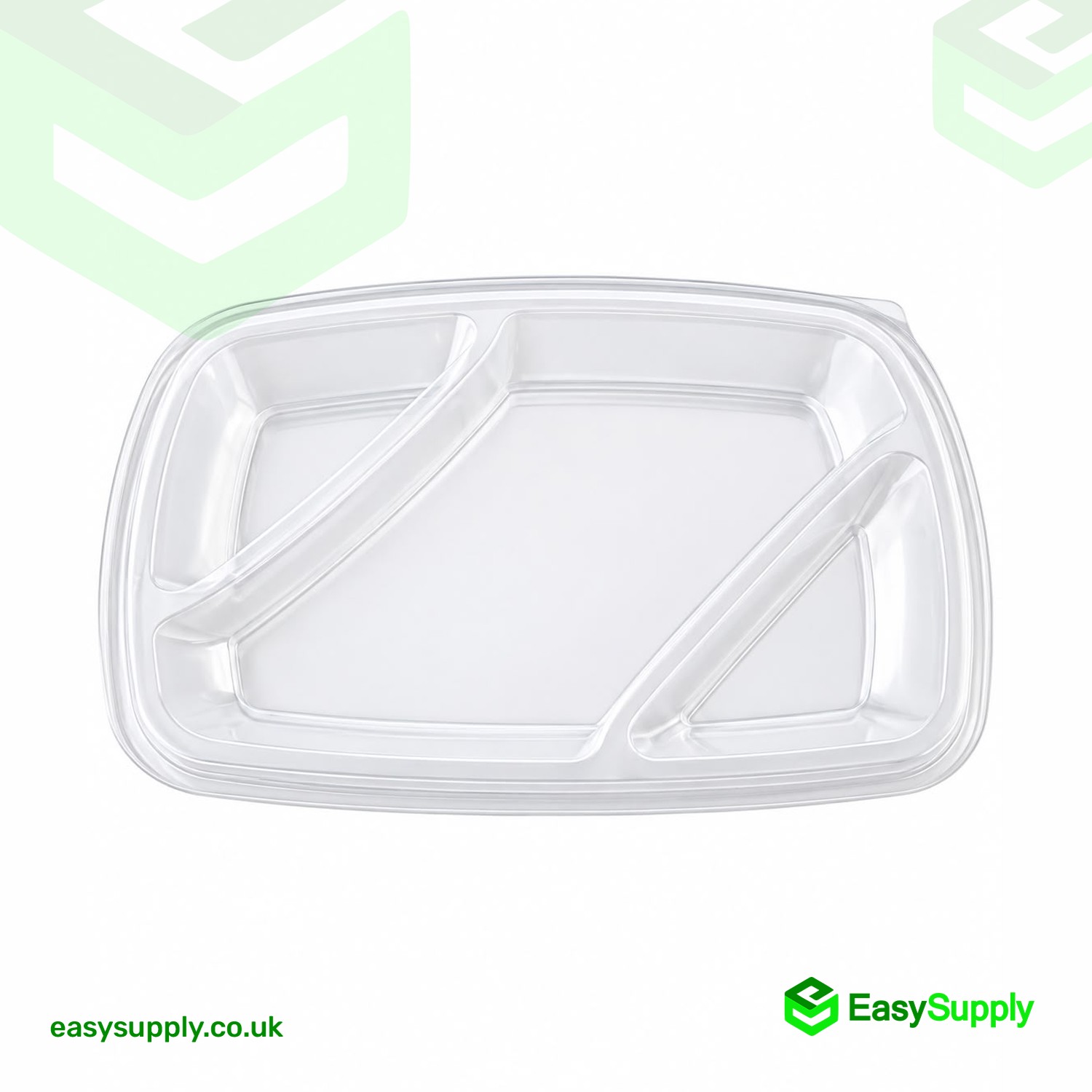 Clear 3 compartment Sabert lid seen from a low angle