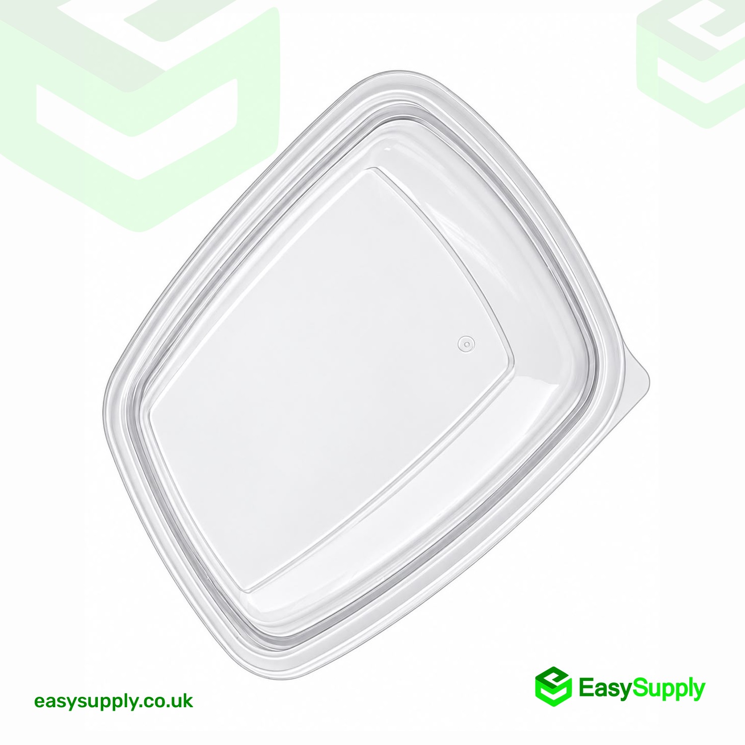 Clear Sabert rectangular lid at a diagonal angle showing the corner tab