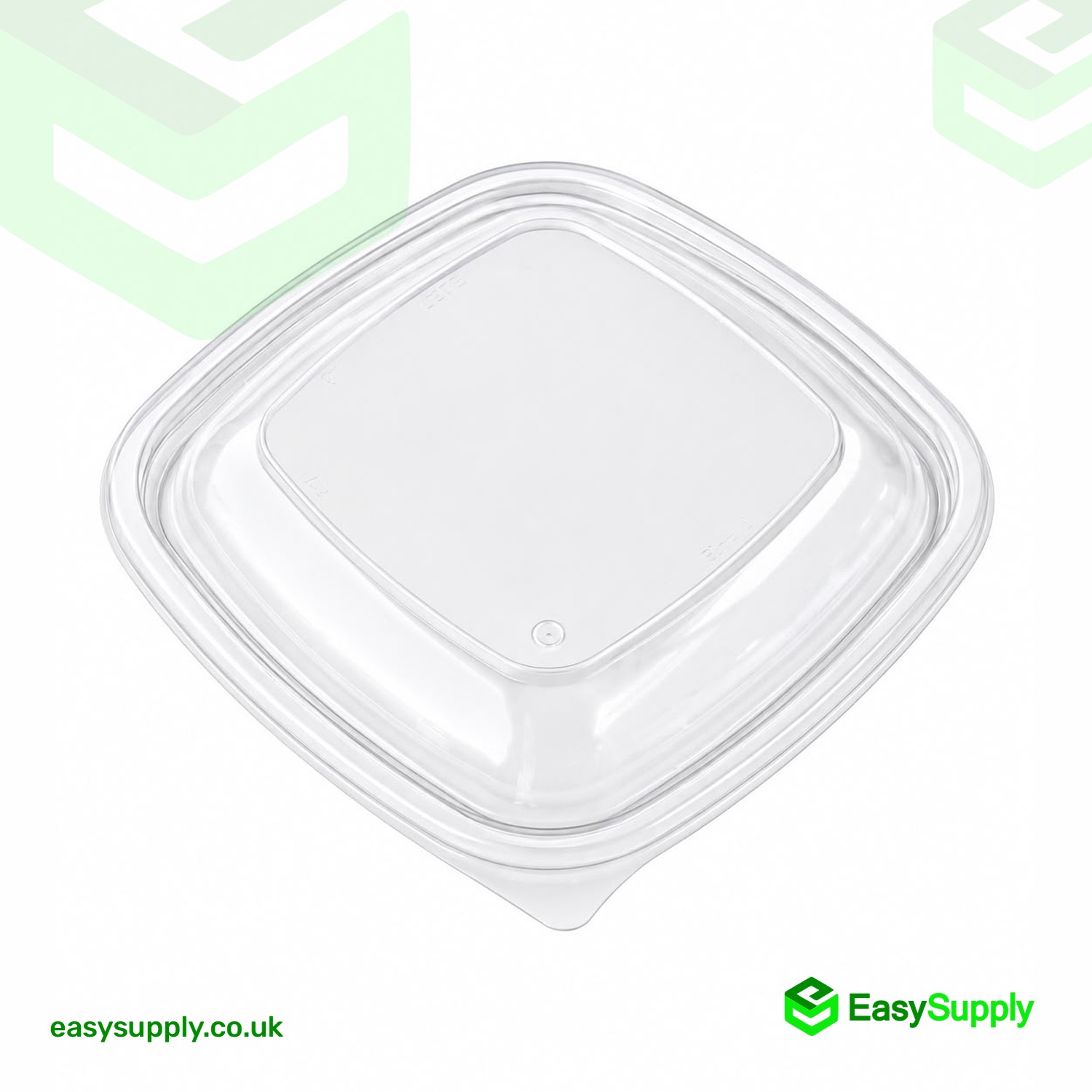 Clear 17cm square vented Sabert lid at an angle showing the raised centre