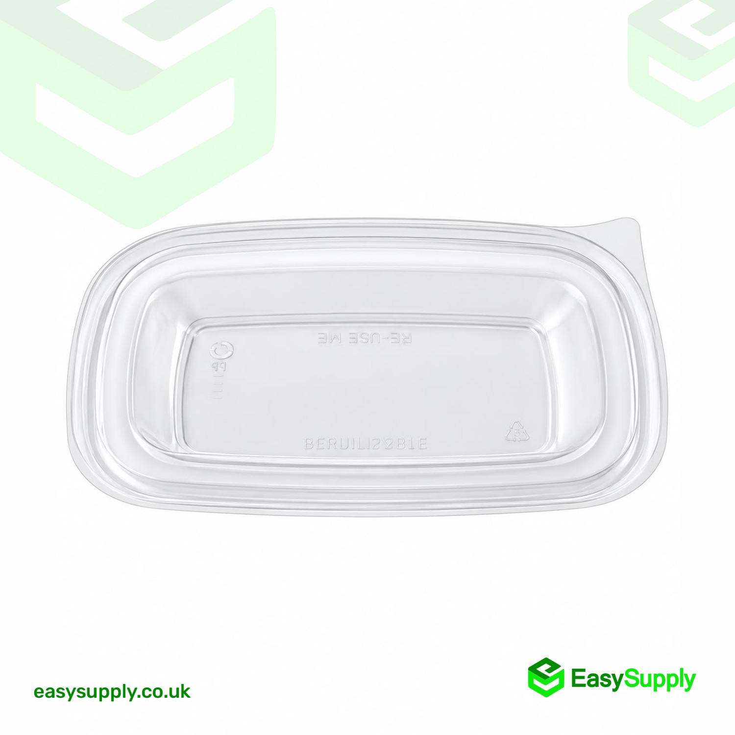 Clear Sabert rectangular PP lid seen from above showing the recycling mark