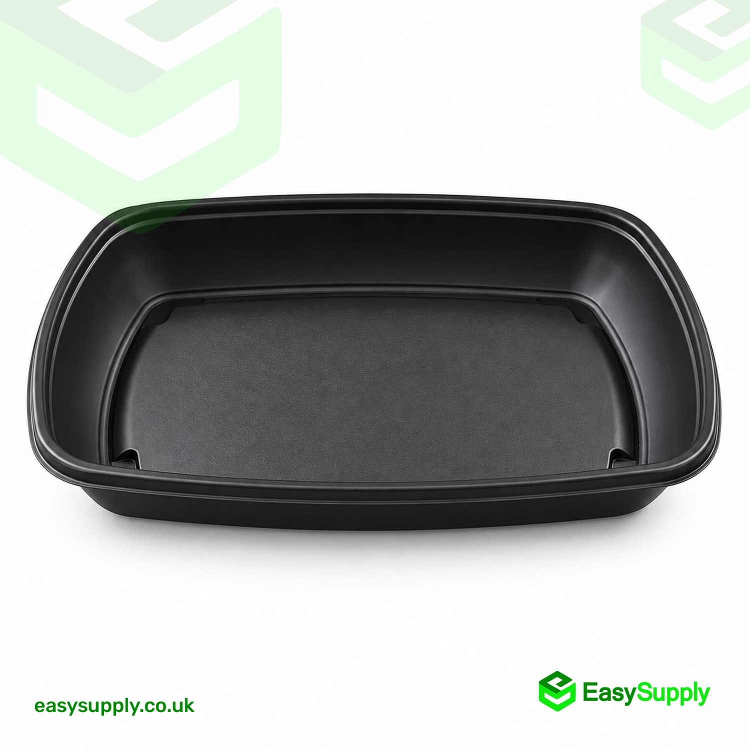 Front view of the large black Sabert 1350ml rectangular PP container