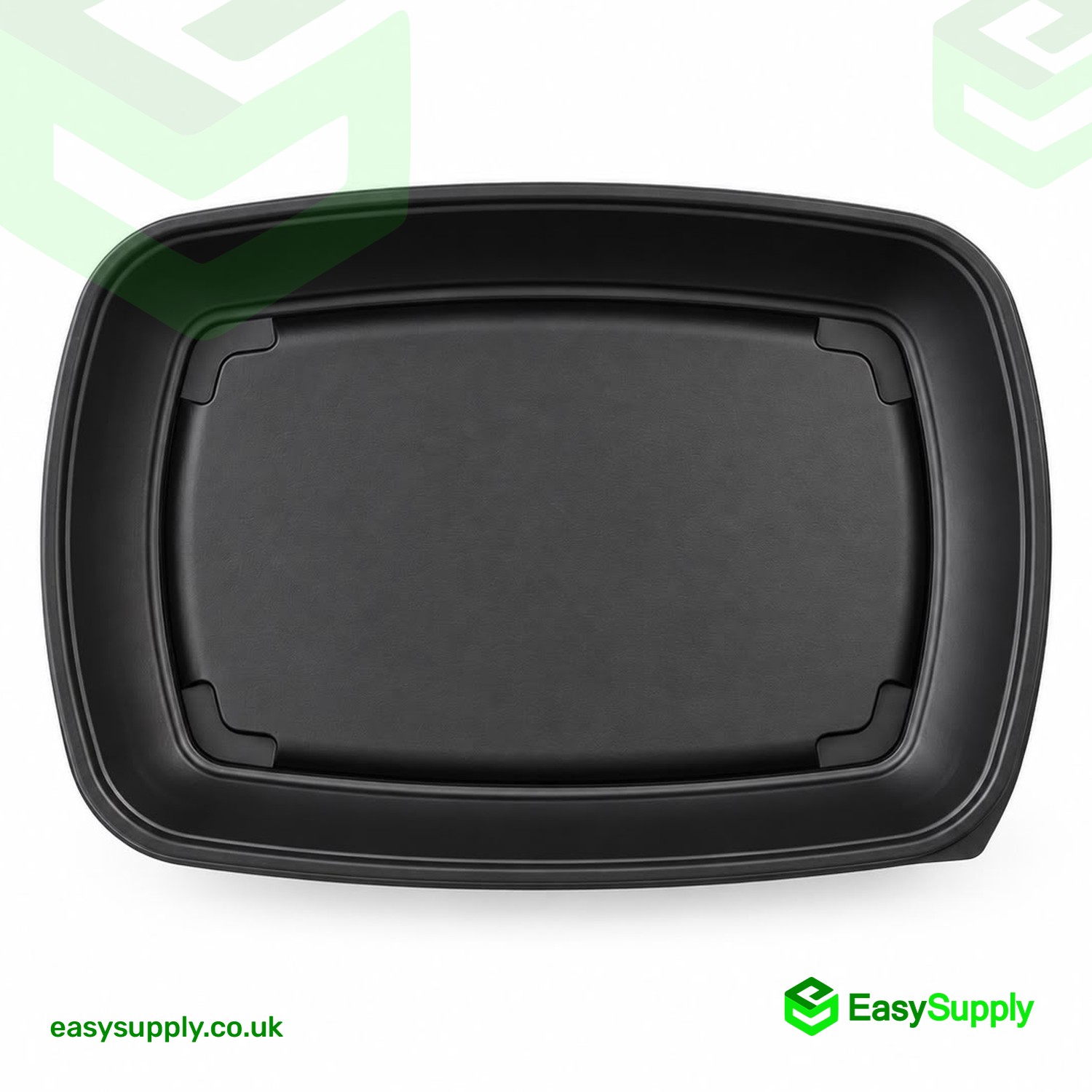 Top-down view inside the black 284 x 204 mm Sabert rectangular container