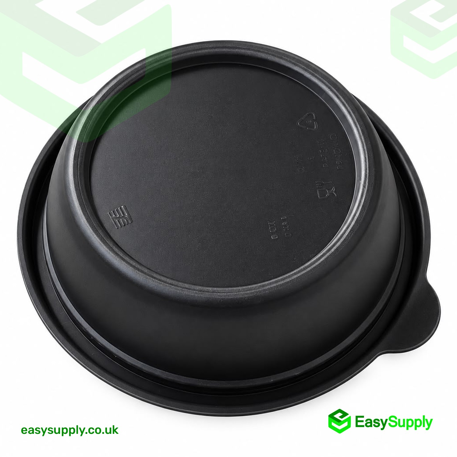 Black Sabert 250ml round container turned upside down showing the base and side tab