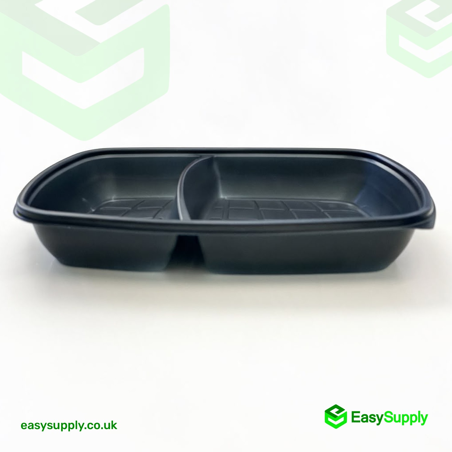 Side view of the black Sabert 2 compartment PP rectangular container showing the divider