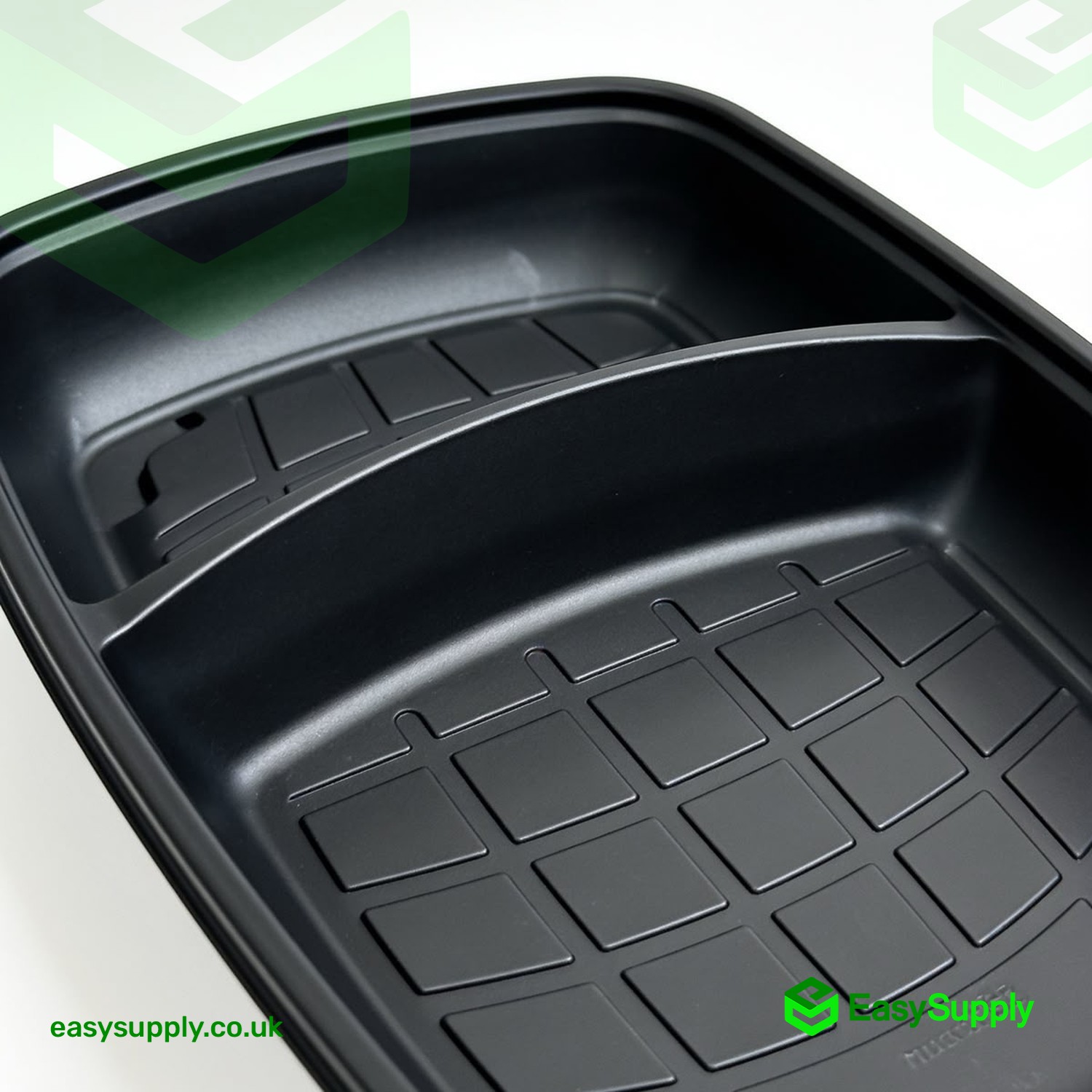 Close-up of the ribbed base and centre divider inside the black Sabert 2 compartment container