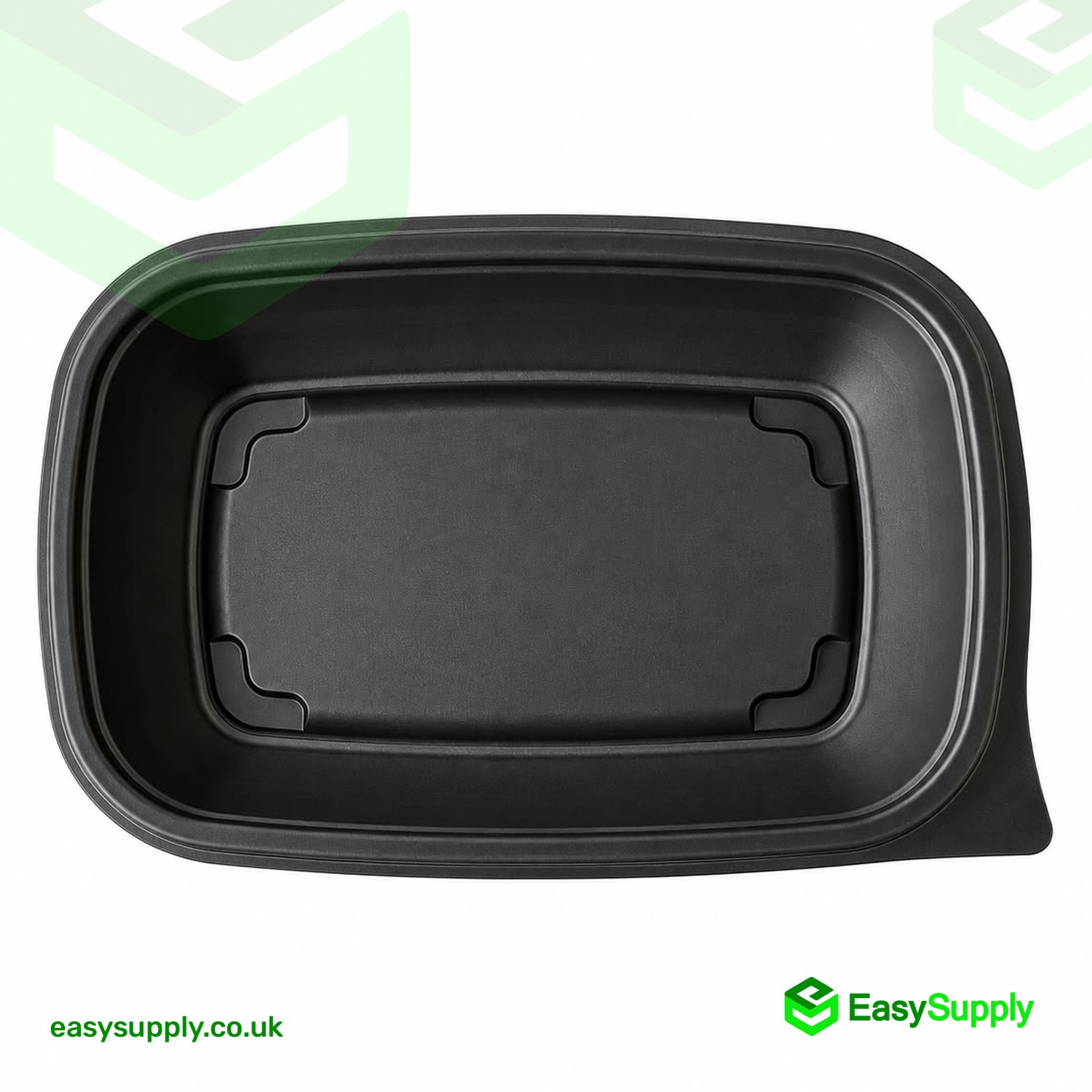 Top view inside the compact Sabert black rectangular PP container