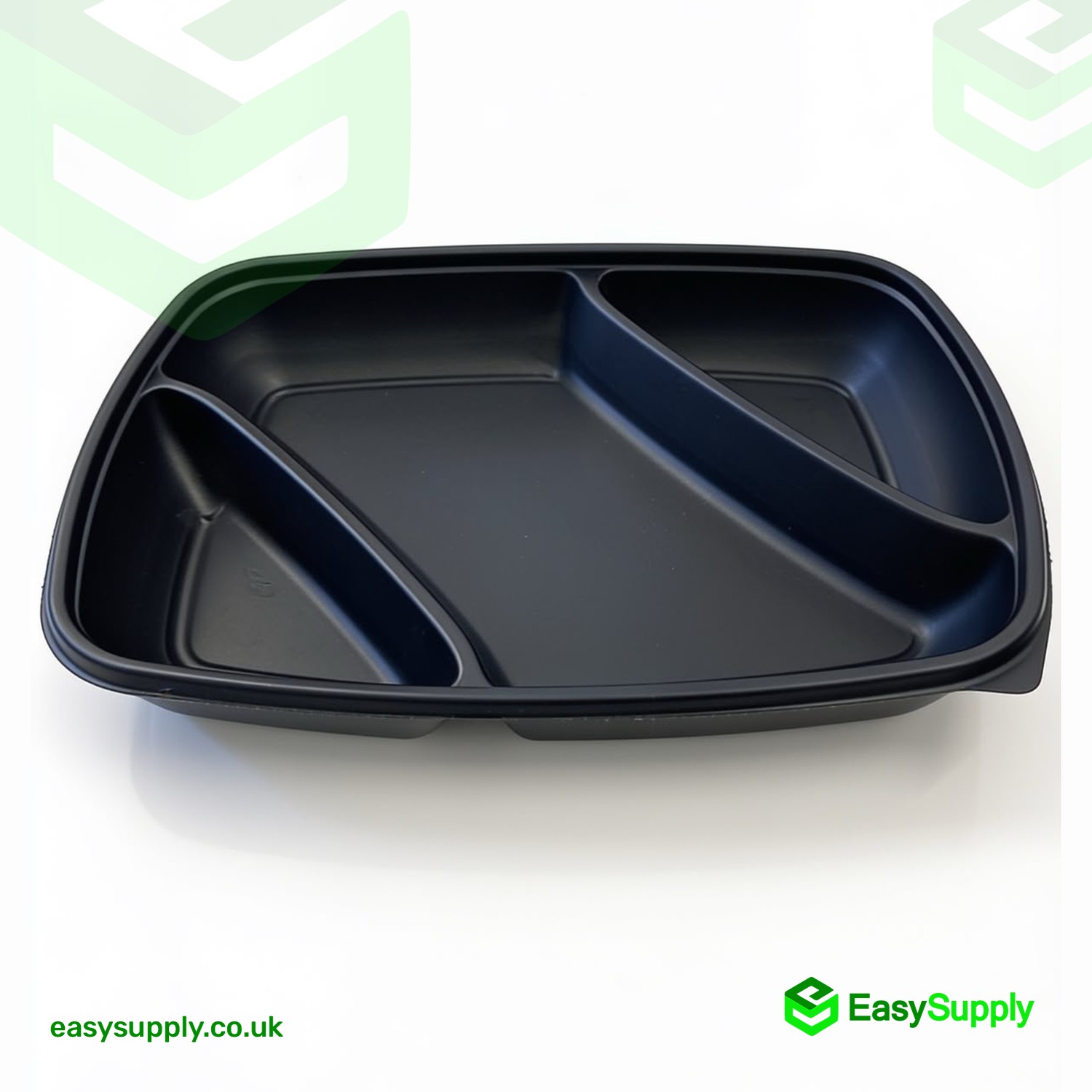 Black Sabert 975ml 3 compartment rectangular container at an angle showing the diagonal dividers