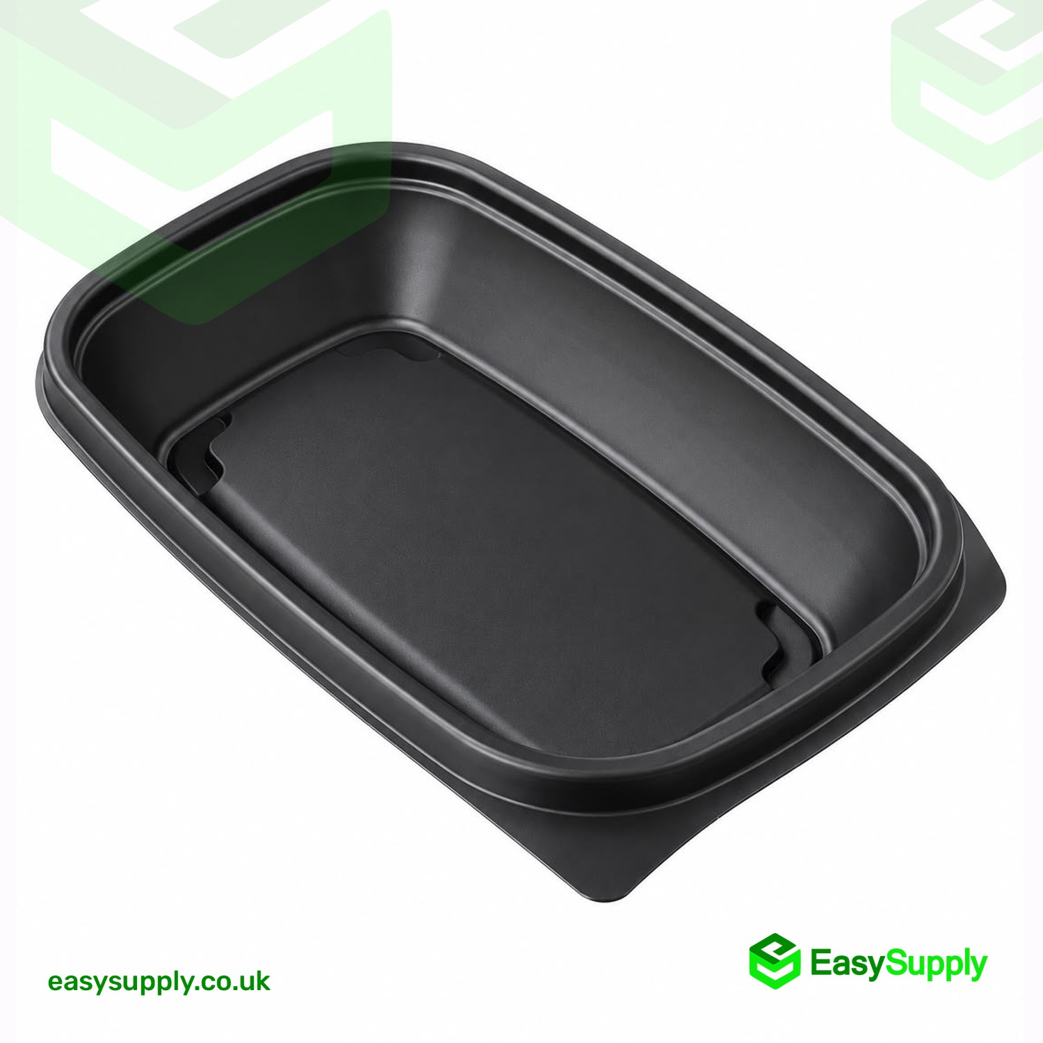 Black Sabert 500ml rectangular container at an angle showing the corner lift tab