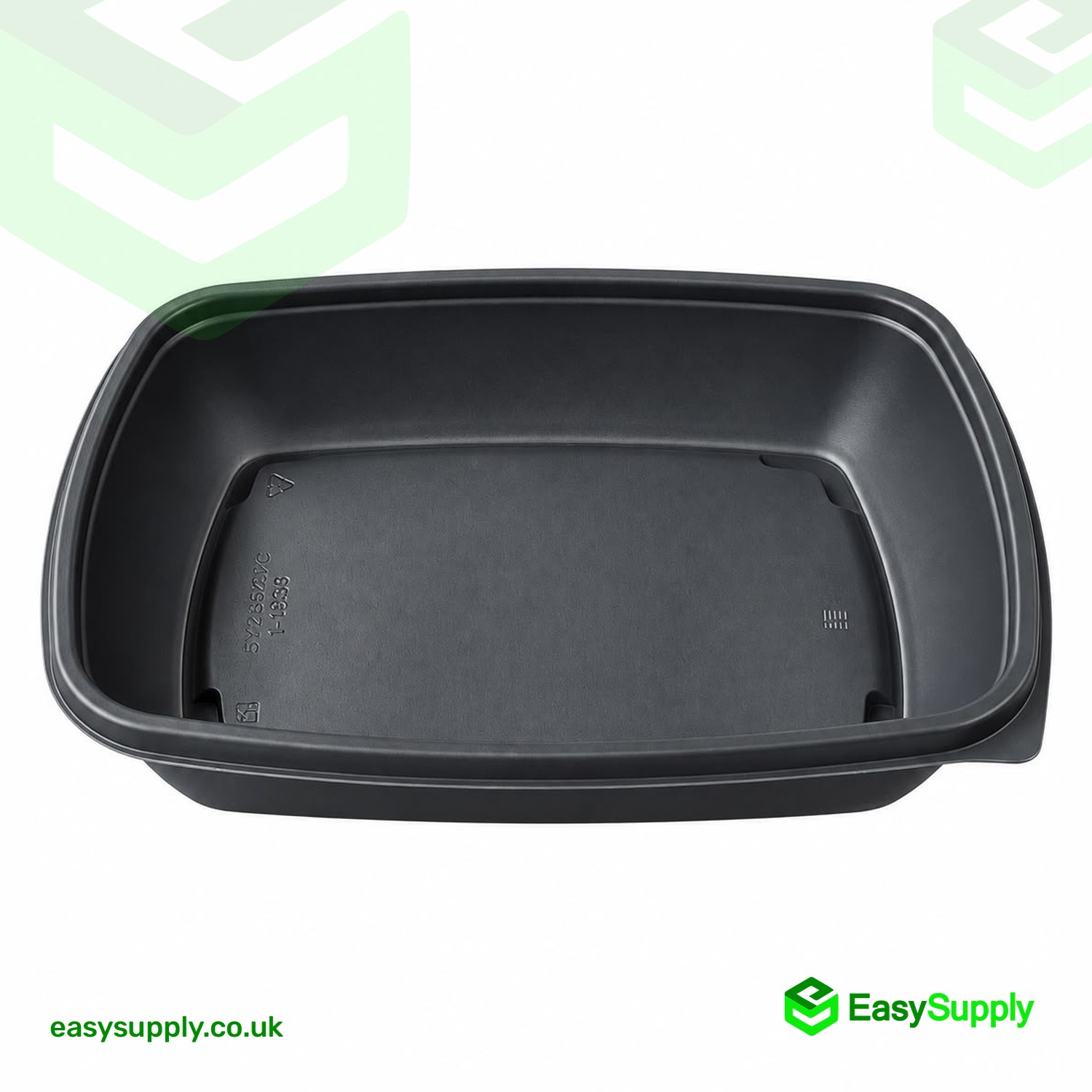 Black 900ml Sabert rectangular container viewed from the front showing its deep single compartment
