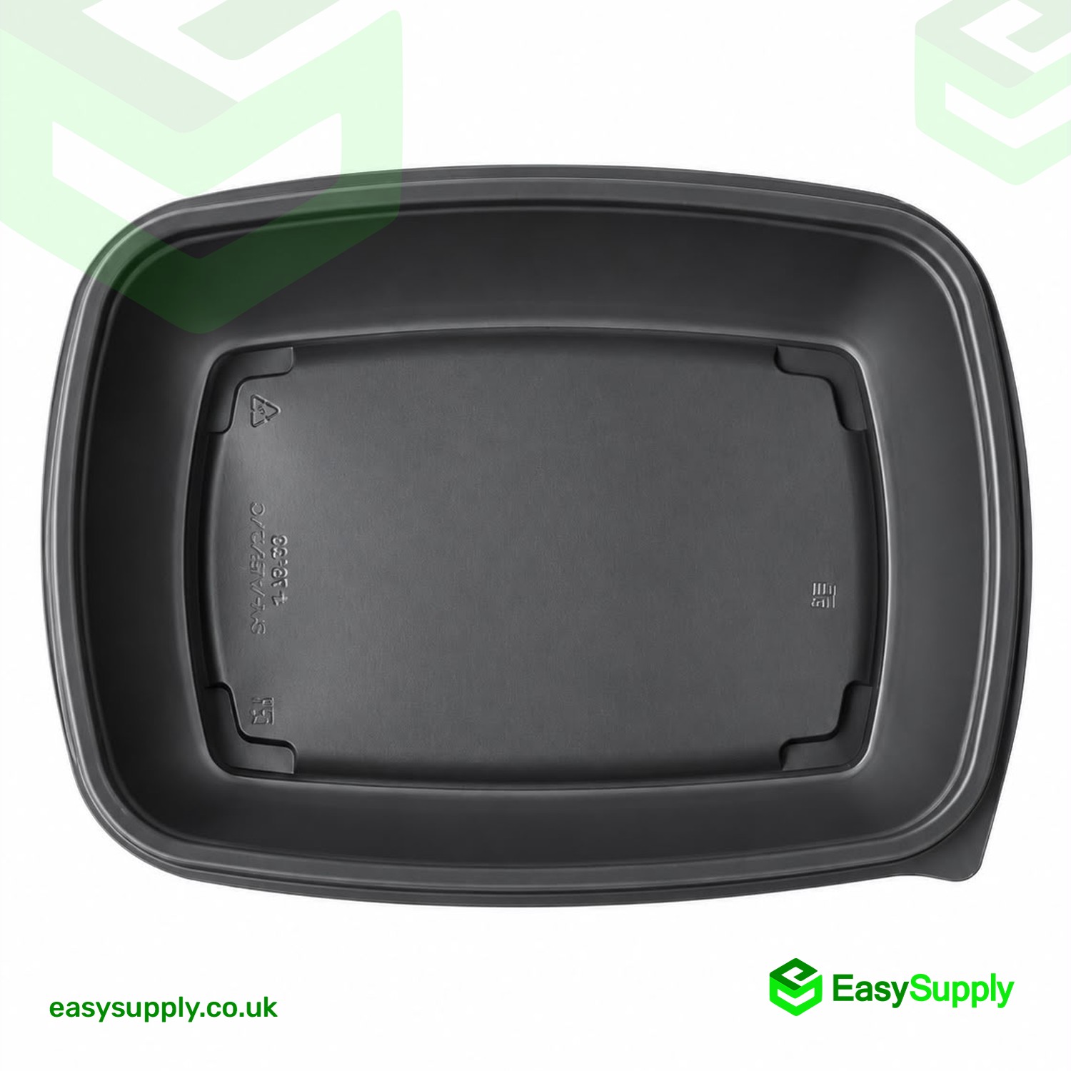 Top-down view of the black 230 x 168 mm Sabert rectangular food container