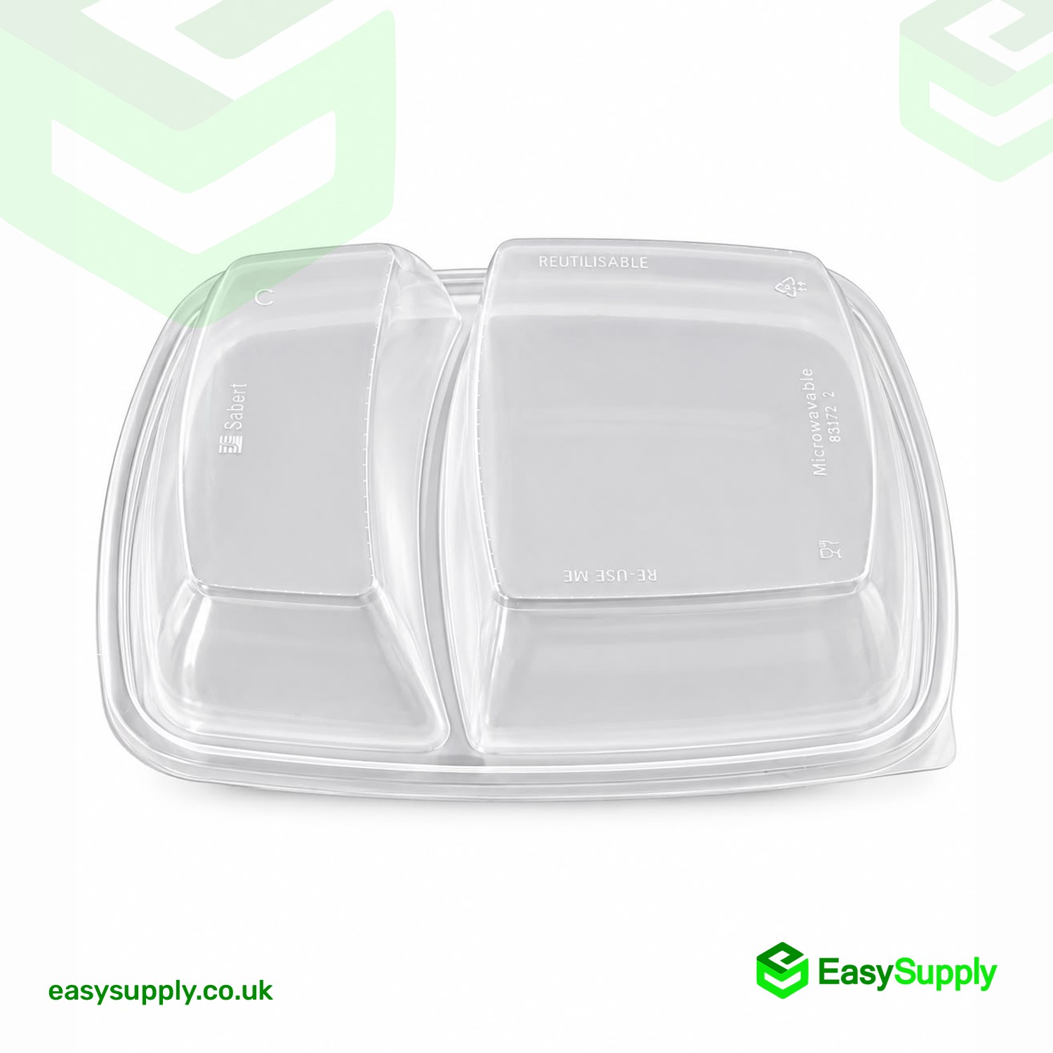 Clear Sabert 2 compartment dome lid seen from the front showing the raised domes