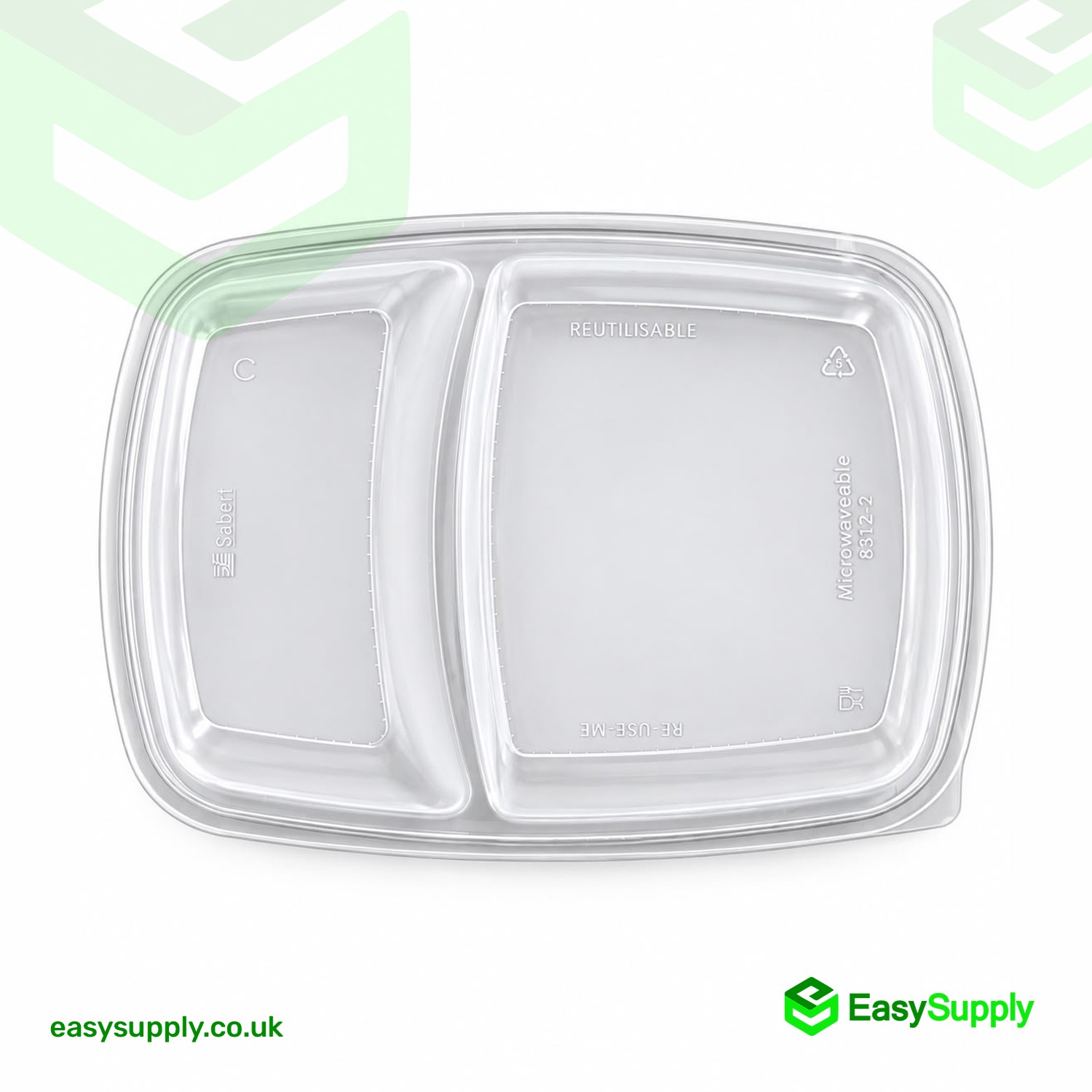 Top view of the clear Sabert 28 x 20 cm two compartment PP dome lid