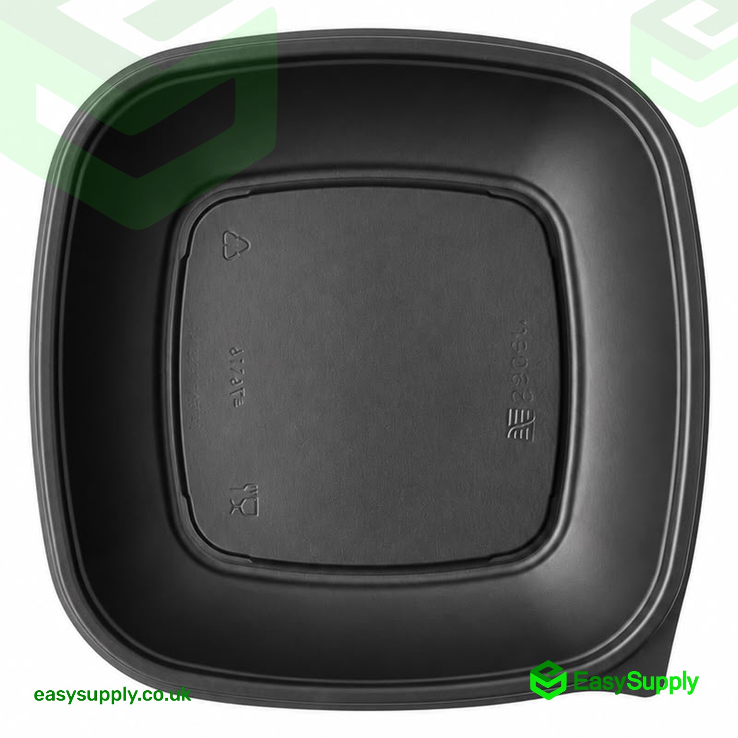 Top-down view of the black Sabert 500ml square PP container