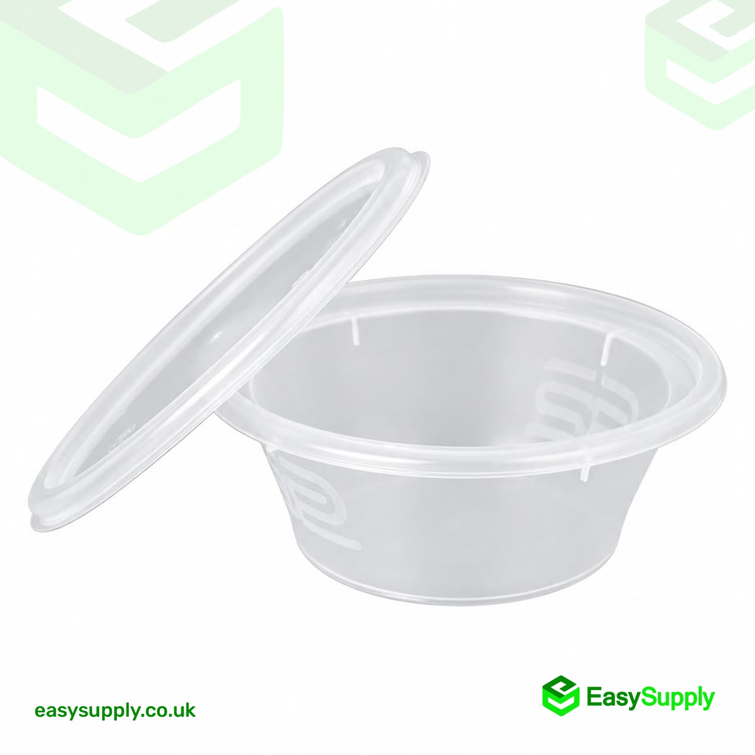8 oz round clear pot with the lid lifted off, angled view