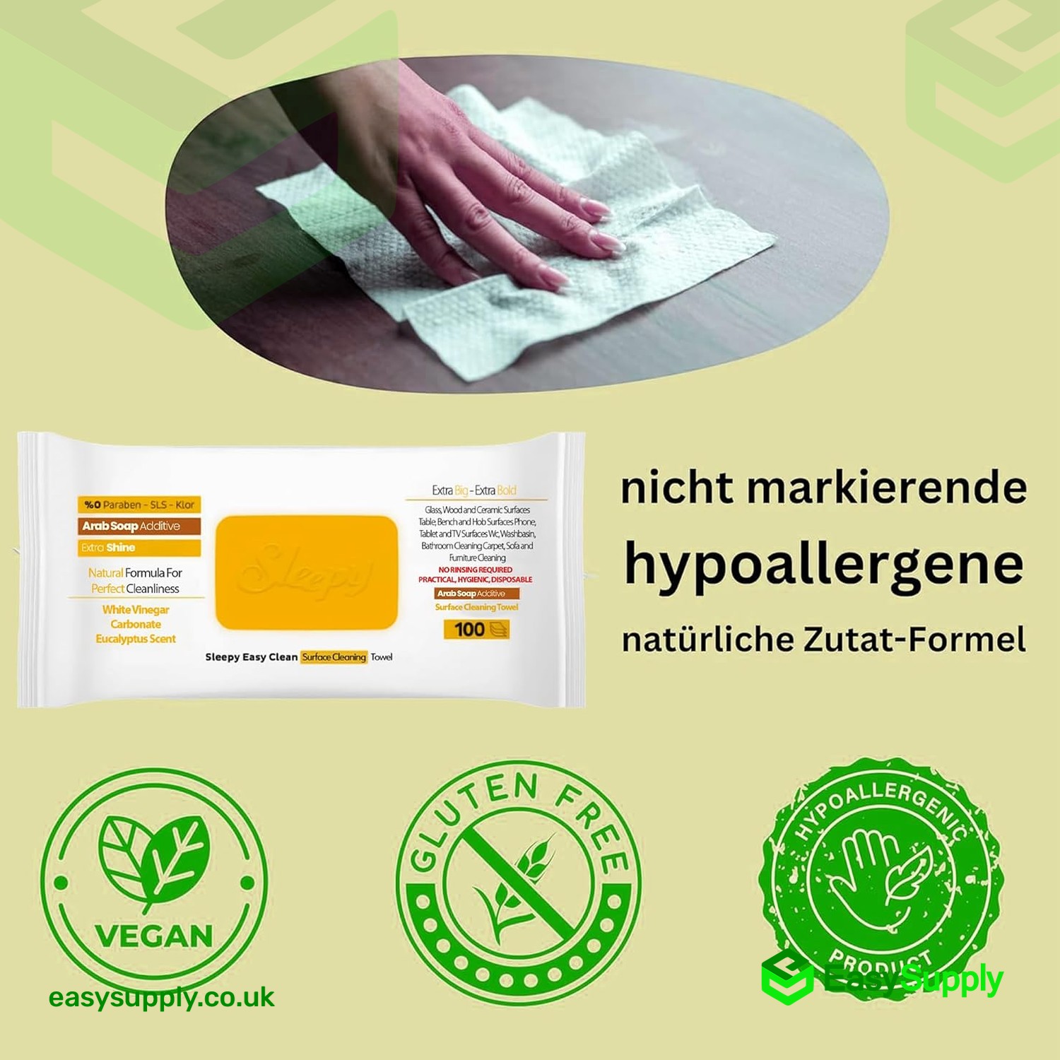 Hand wiping a surface with a Sleepy Arab Soap cleaning wipe