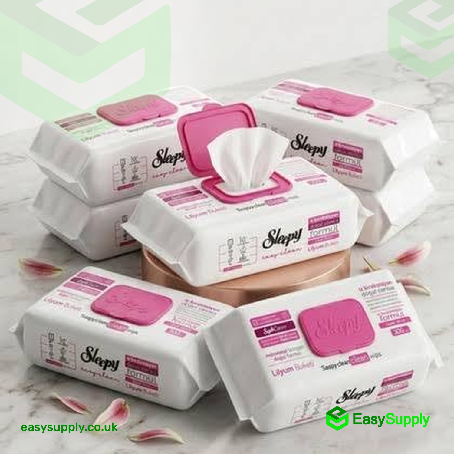 Sleepy Lily Bouquet cleaning wipes packs on a marble counter