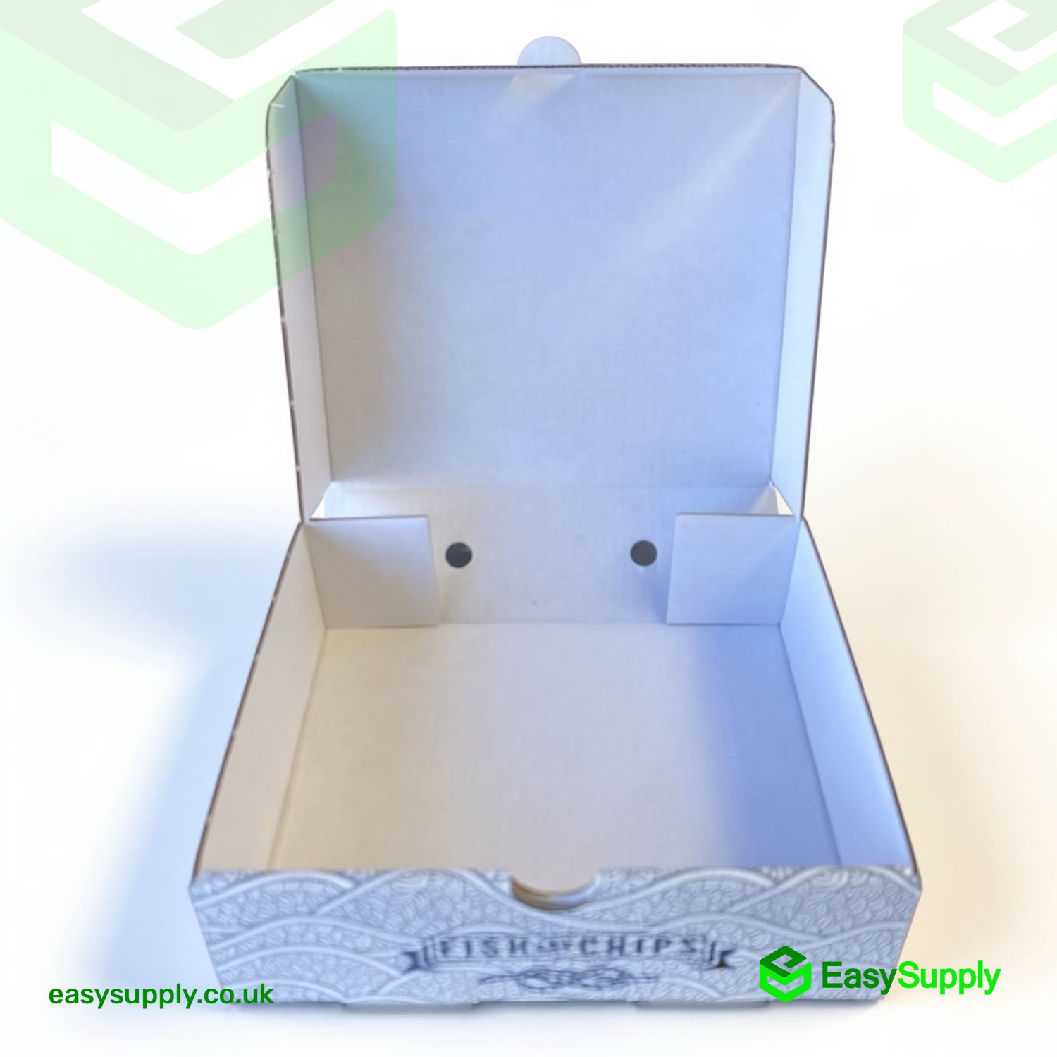 Front view of the open fish and chips side order box with steam vents and tuck-front closure